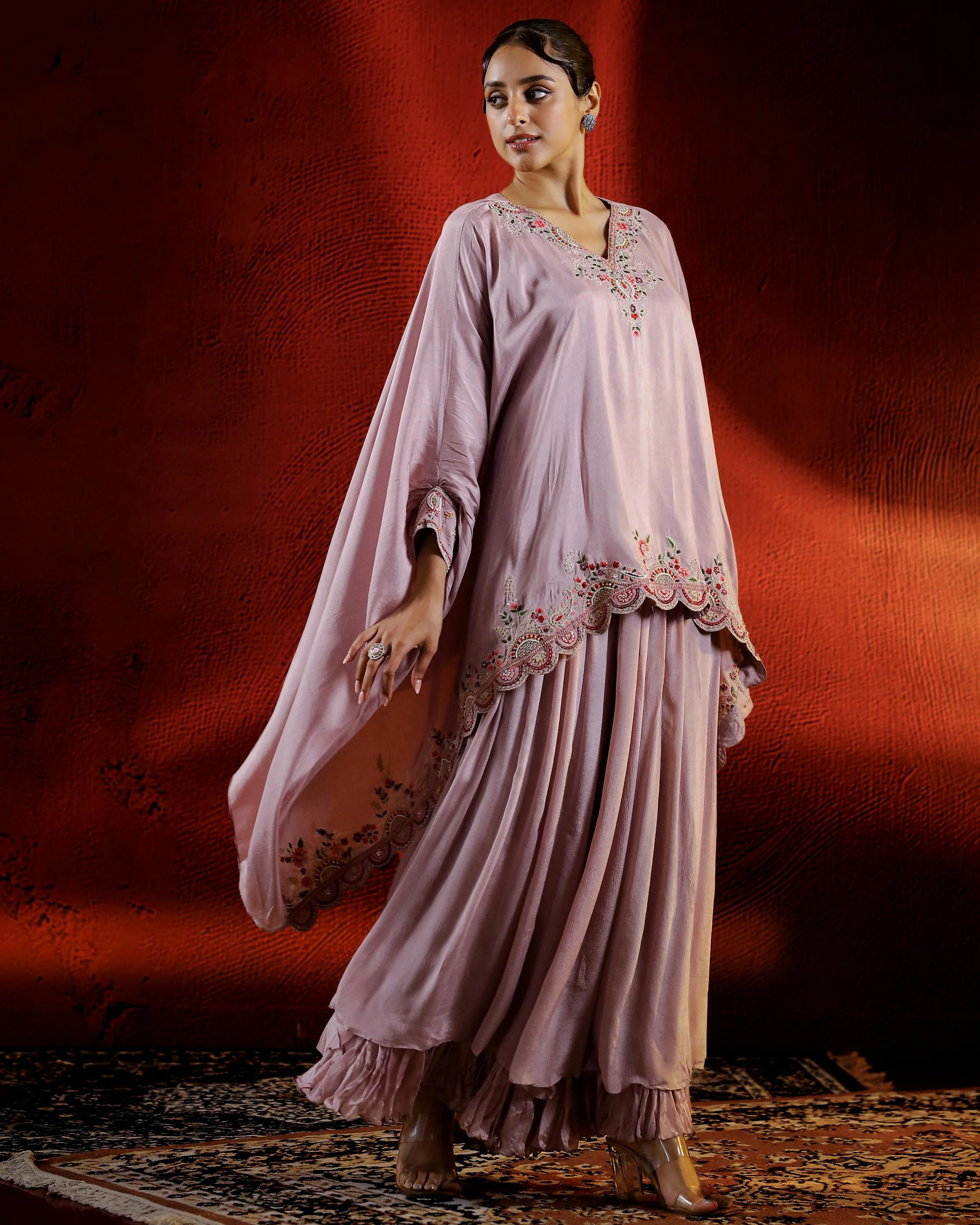 Rose Gold Embroidered Spanish Silk Kaftan Palazzo Set - Image 3
