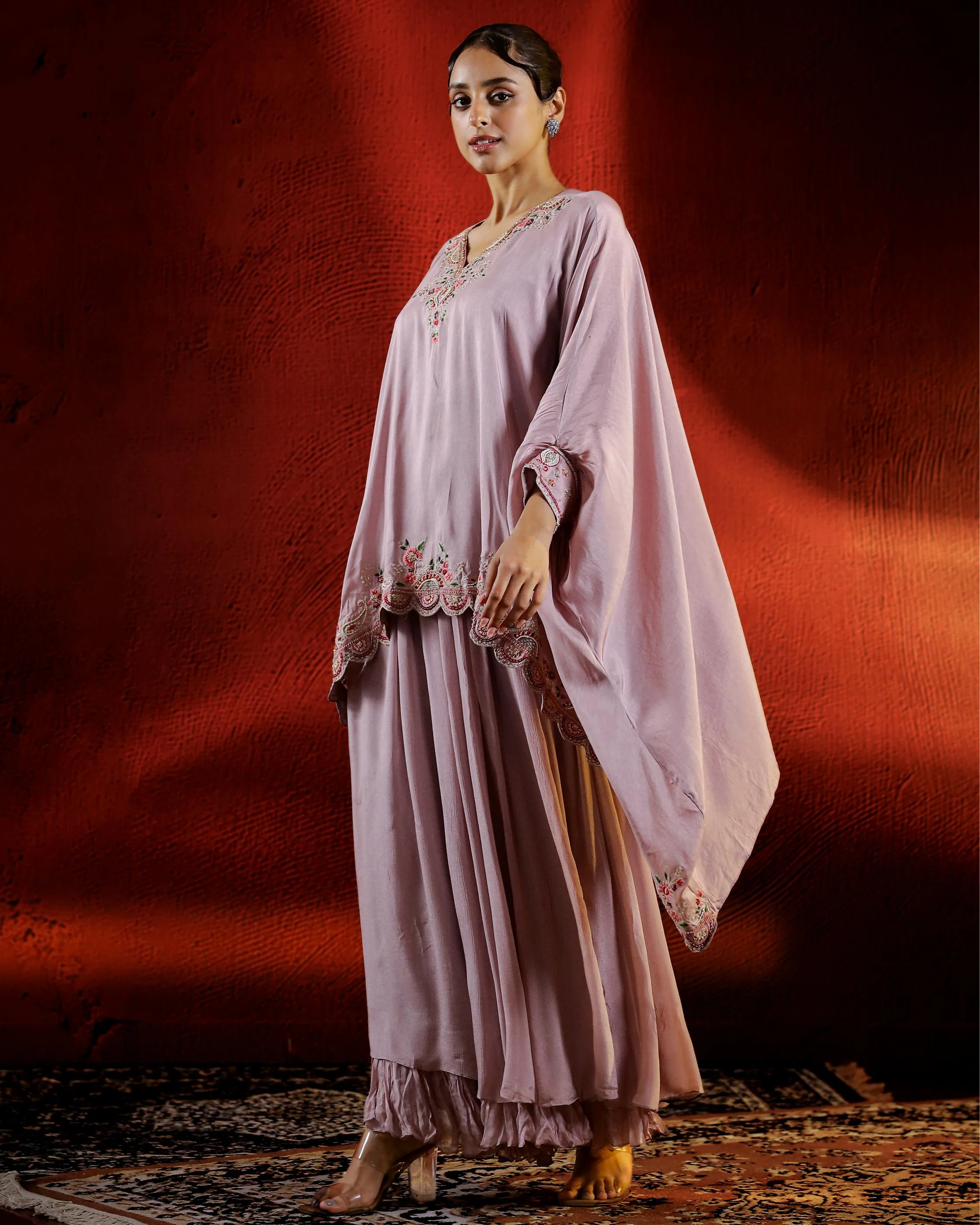 Rose Gold Embroidered Spanish Silk Kaftan Palazzo Set - Image 4