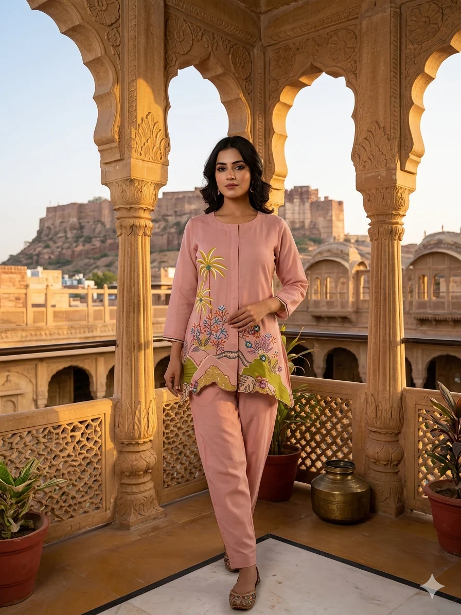 Dusty Rose Embroidered Cotton Co-Ord Set