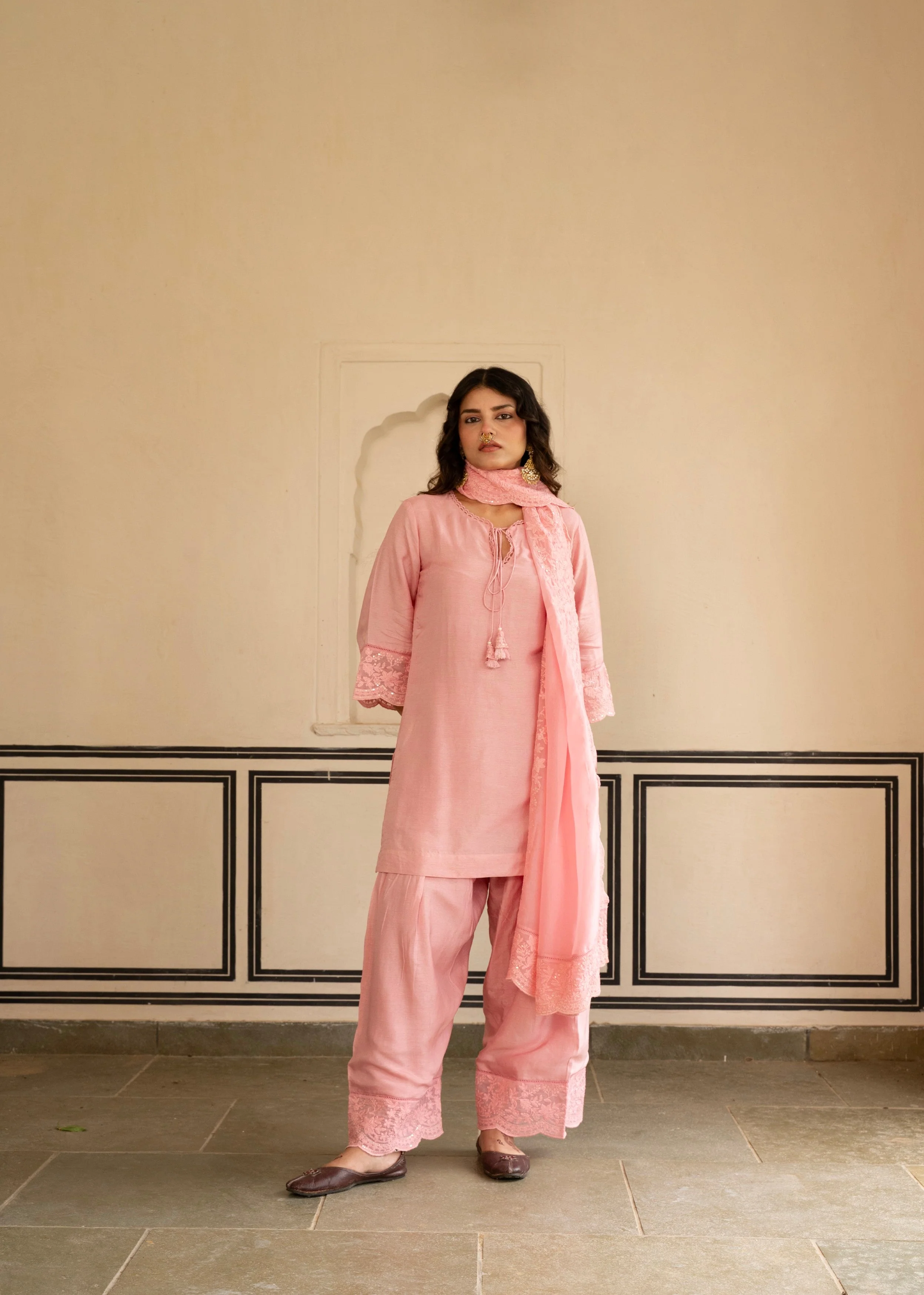 Petal Pink Chikankari Dola Silk Salwar Pant Set