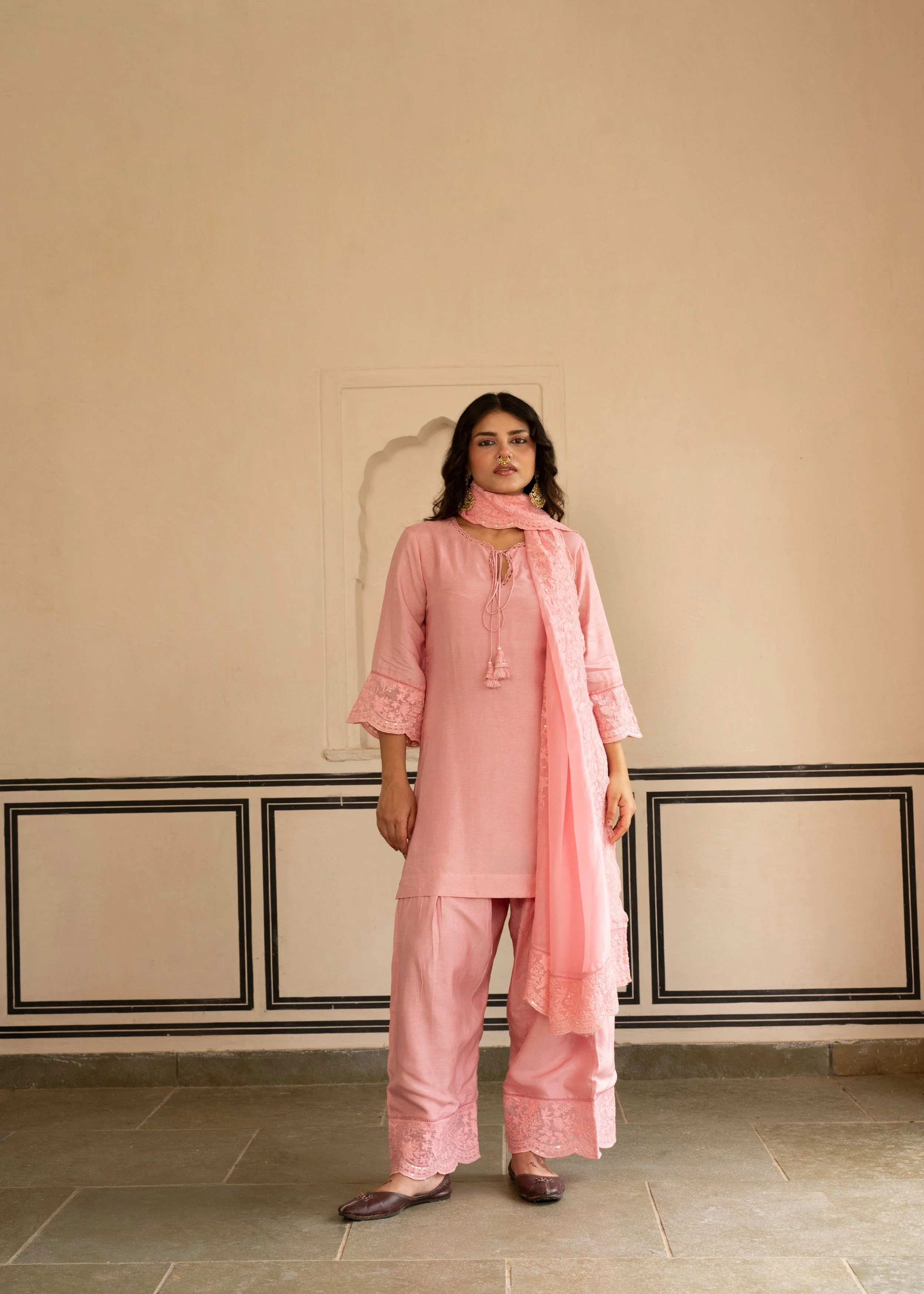 Petal Pink Chikankari Dola Silk Salwar Pant Set - Image 3