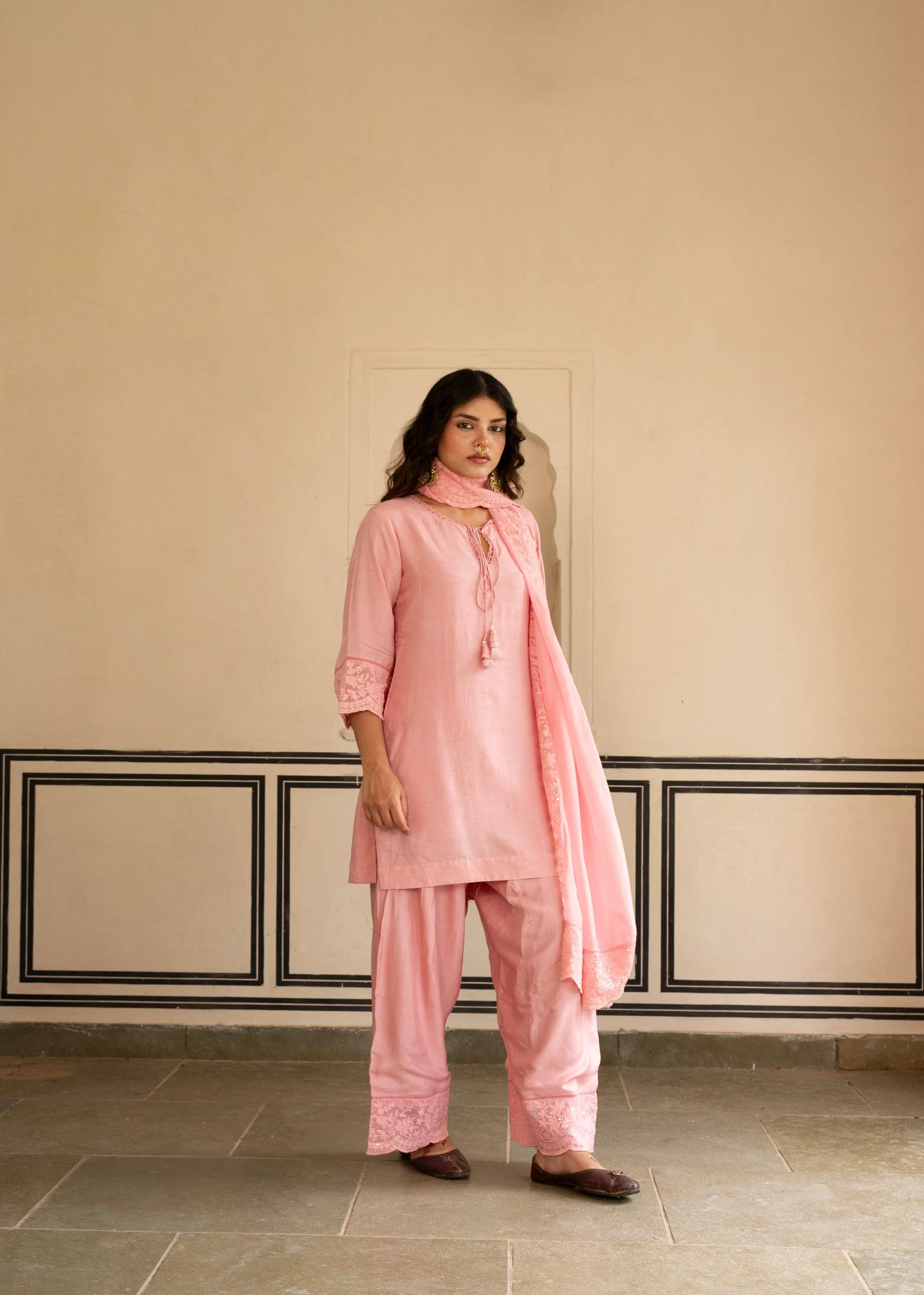 Petal Pink Chikankari Dola Silk Salwar Pant Set - Image 4