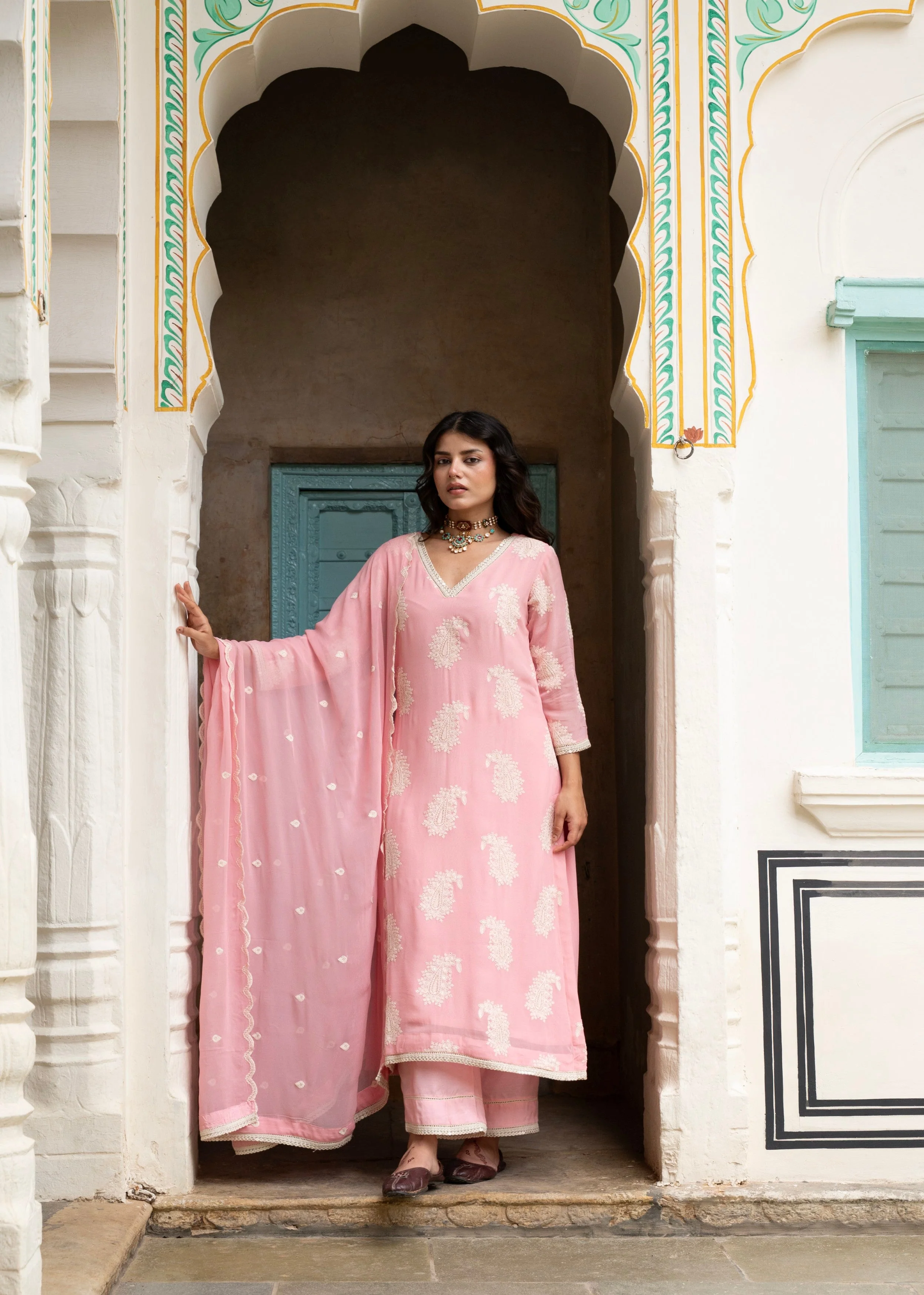 Rose Pink Chikankari Georgette Silk Pant Set