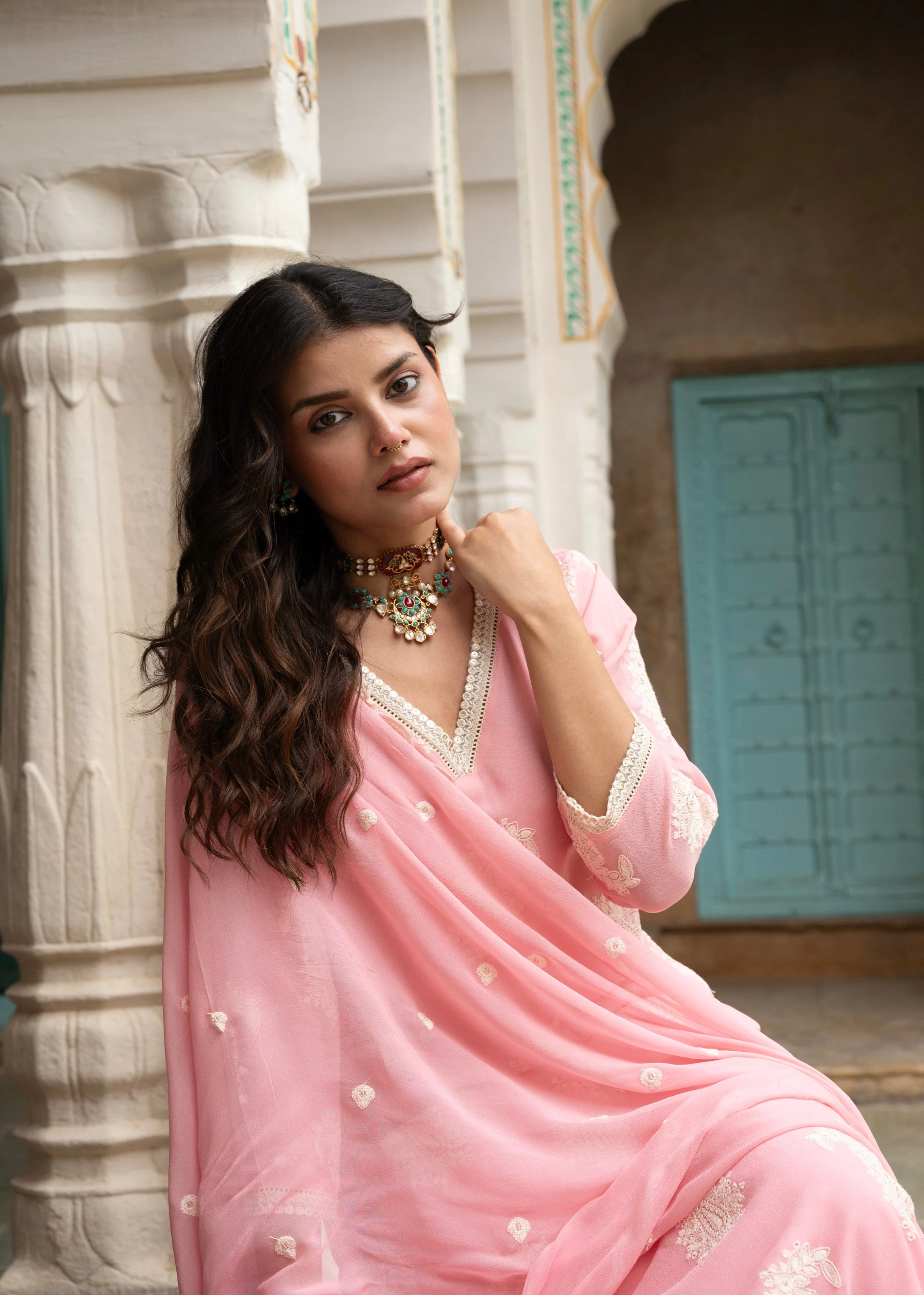 Rose Pink Chikankari Georgette Silk Pant Set - Image 2