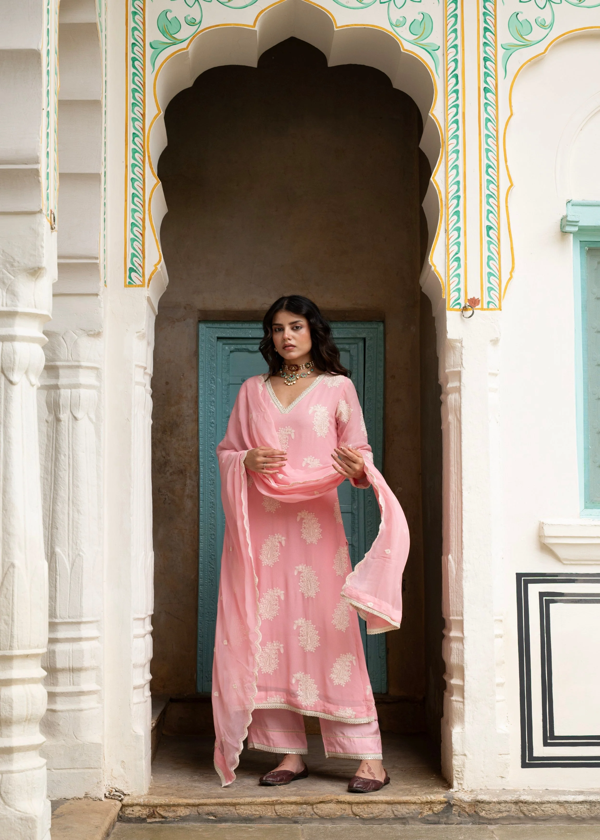 Rose Pink Chikankari Georgette Silk Pant Set - Image 3