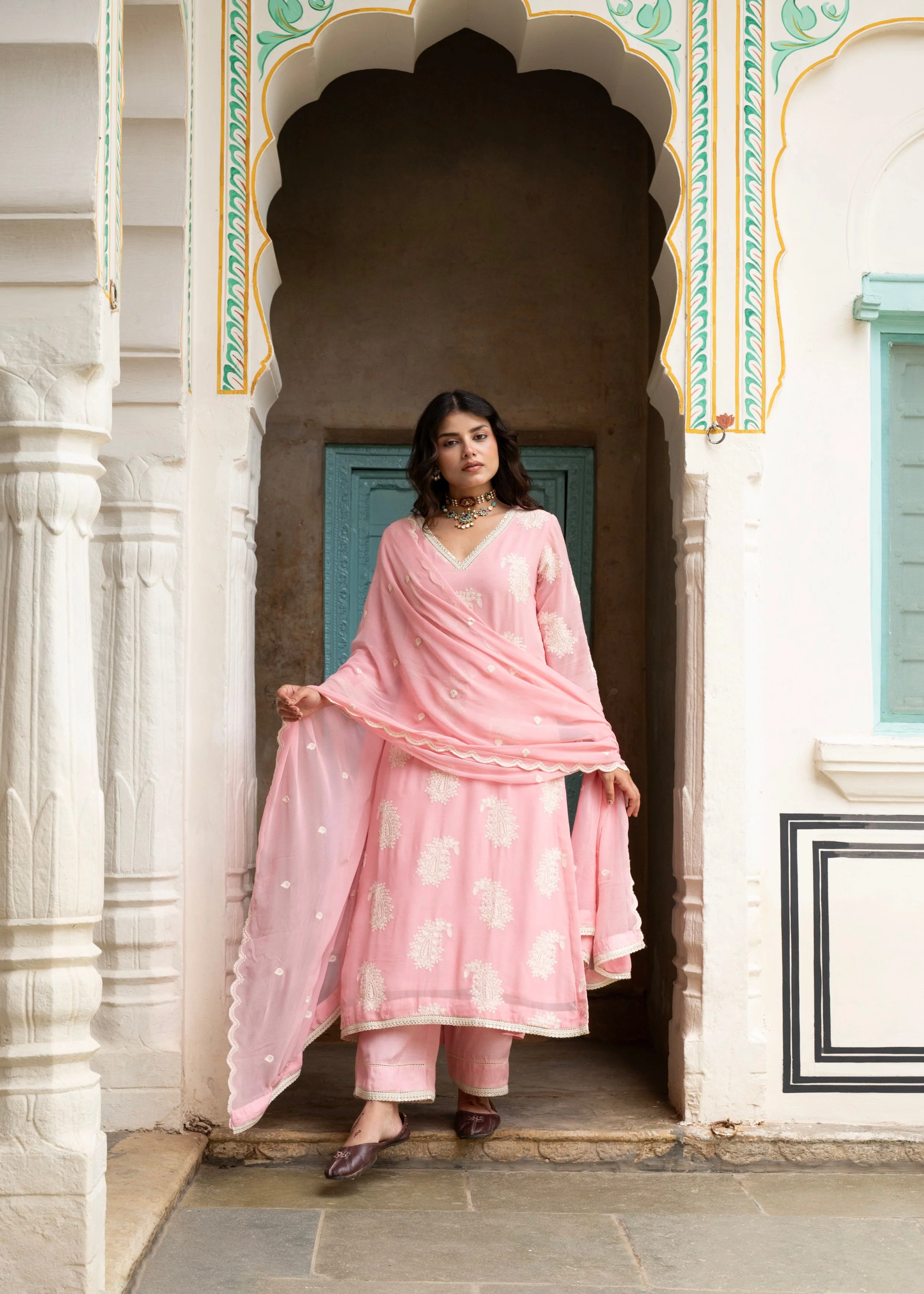 Rose Pink Chikankari Georgette Silk Pant Set - Image 4