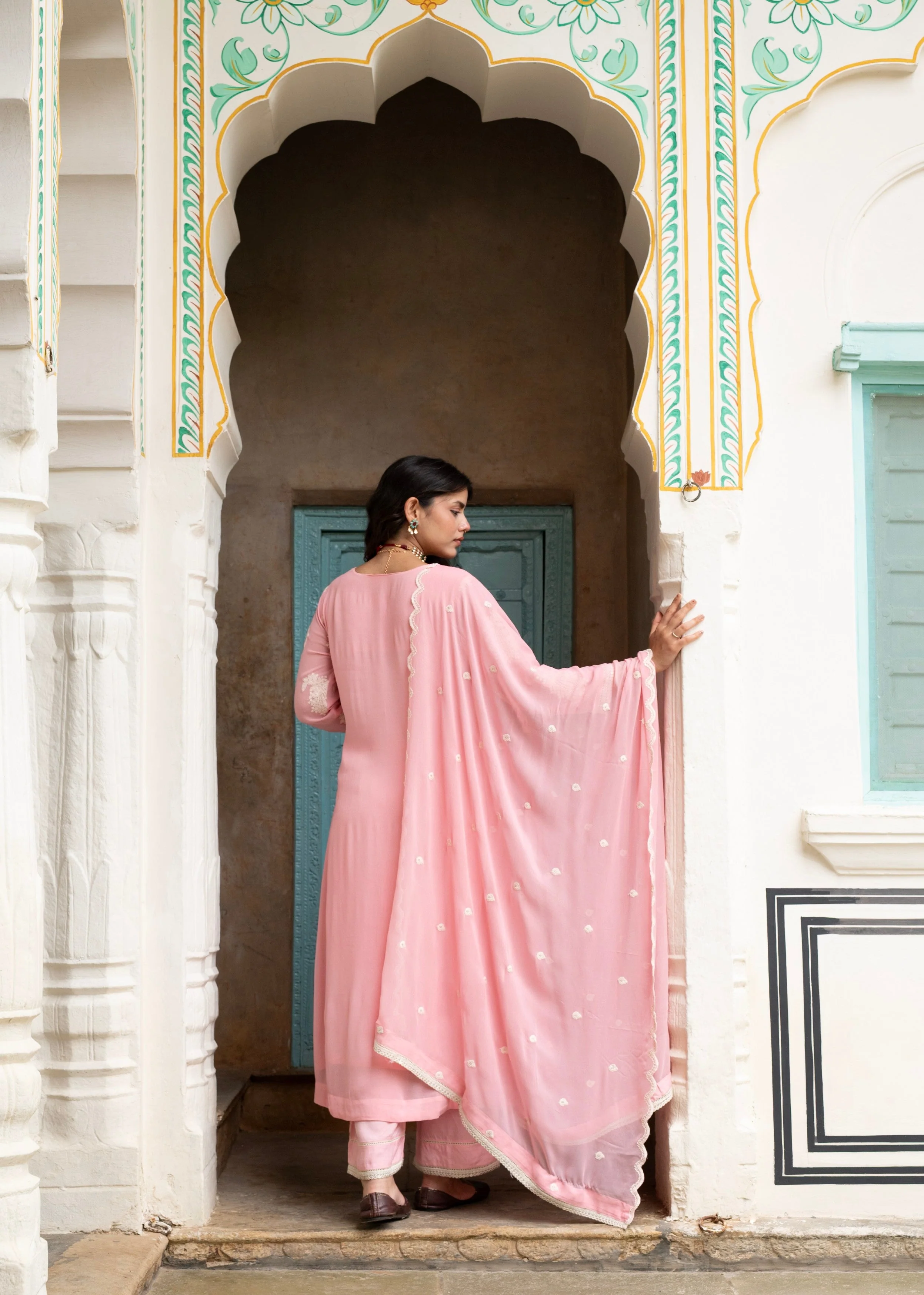 Rose Pink Chikankari Georgette Silk Pant Set - Image 5
