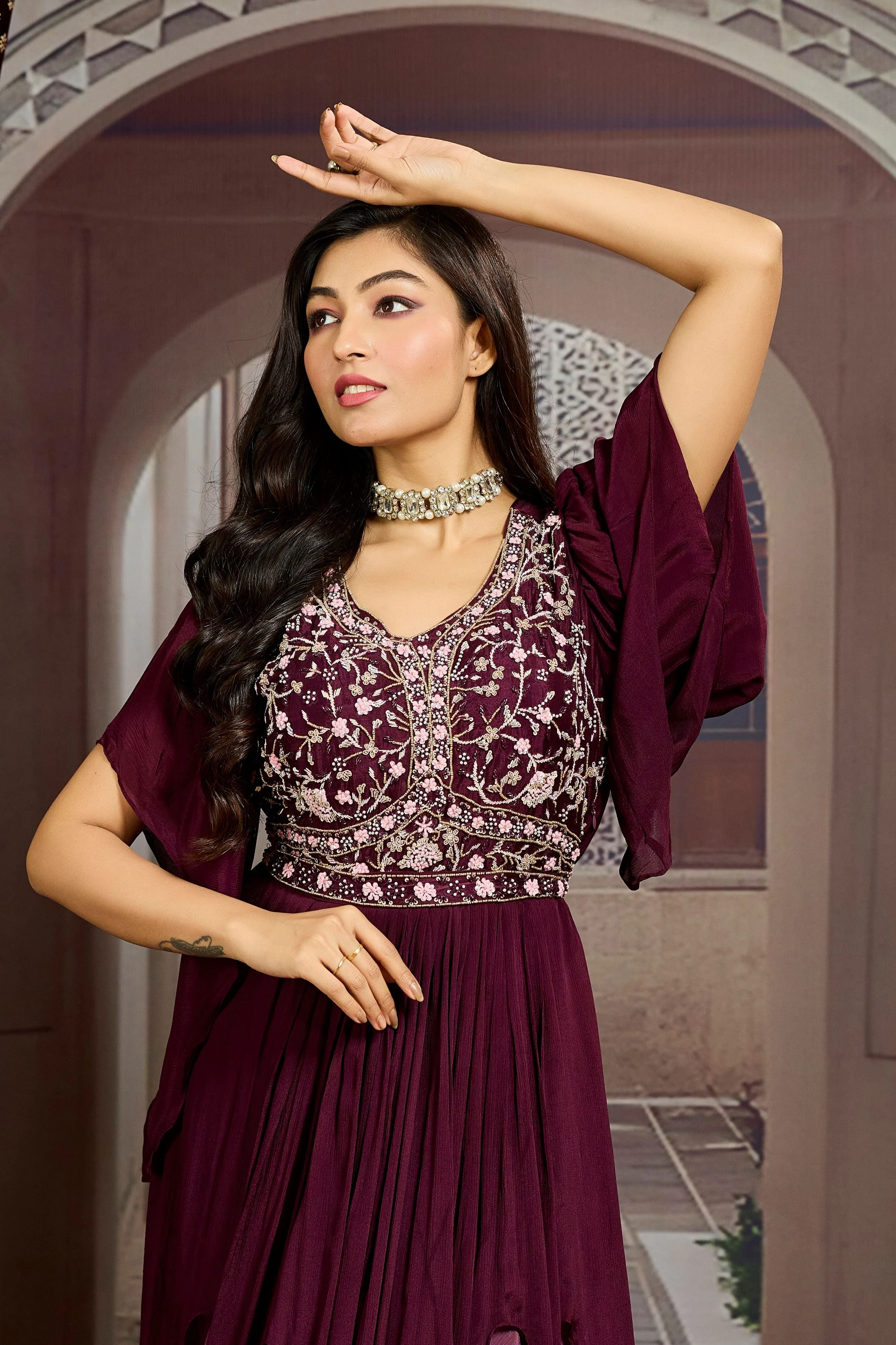 Burgundy Embellished Chinon Silk Gown - Image 2