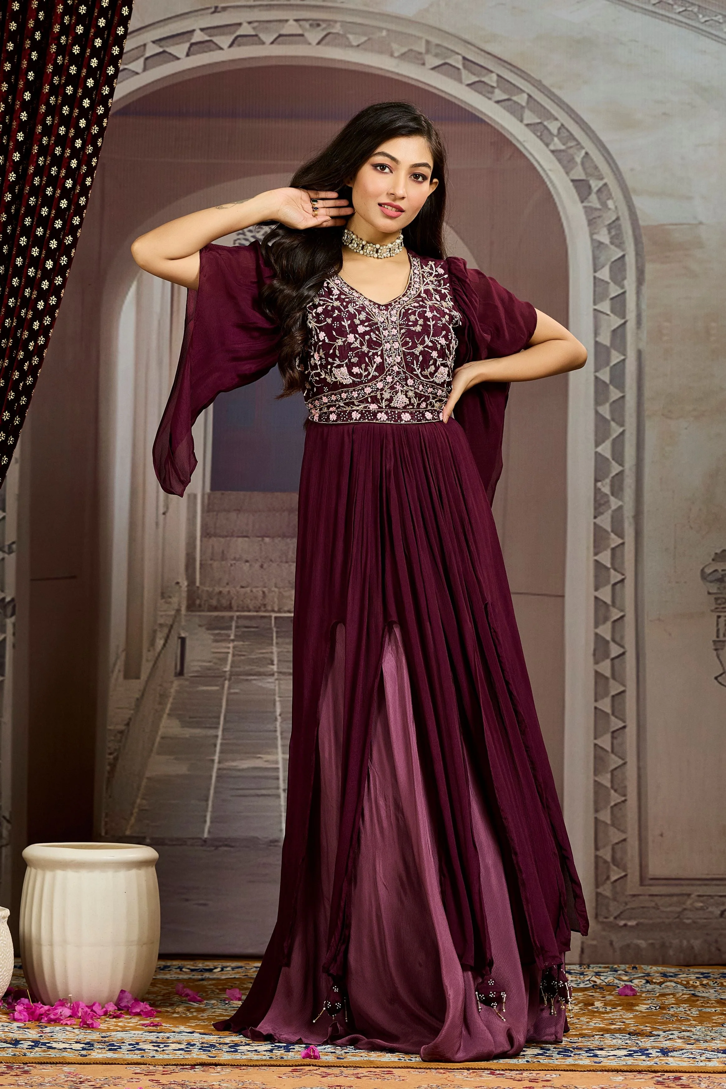 Burgundy Embellished Chinon Silk Gown - Image 3