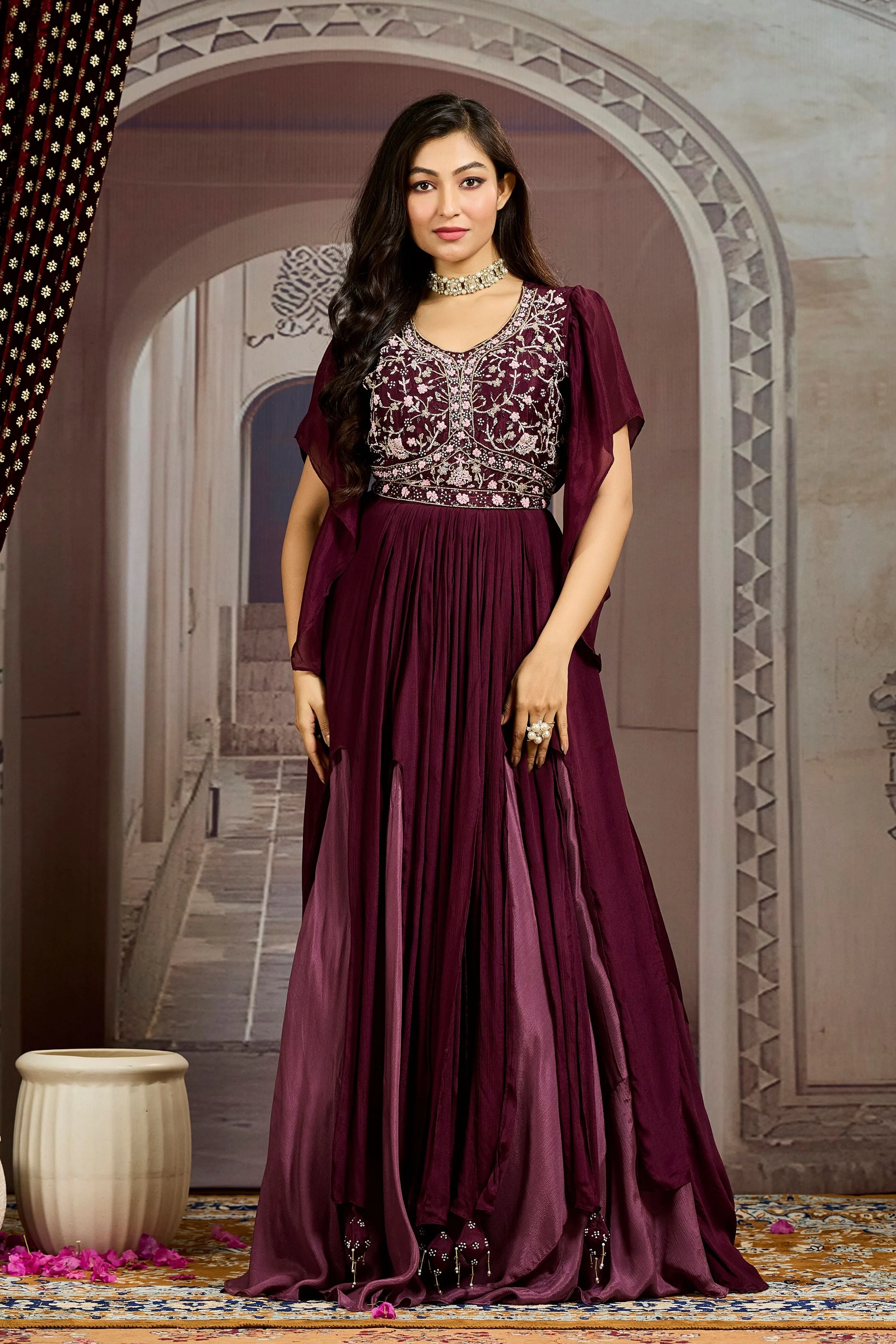 Burgundy Embellished Chinon Silk Gown - Image 4