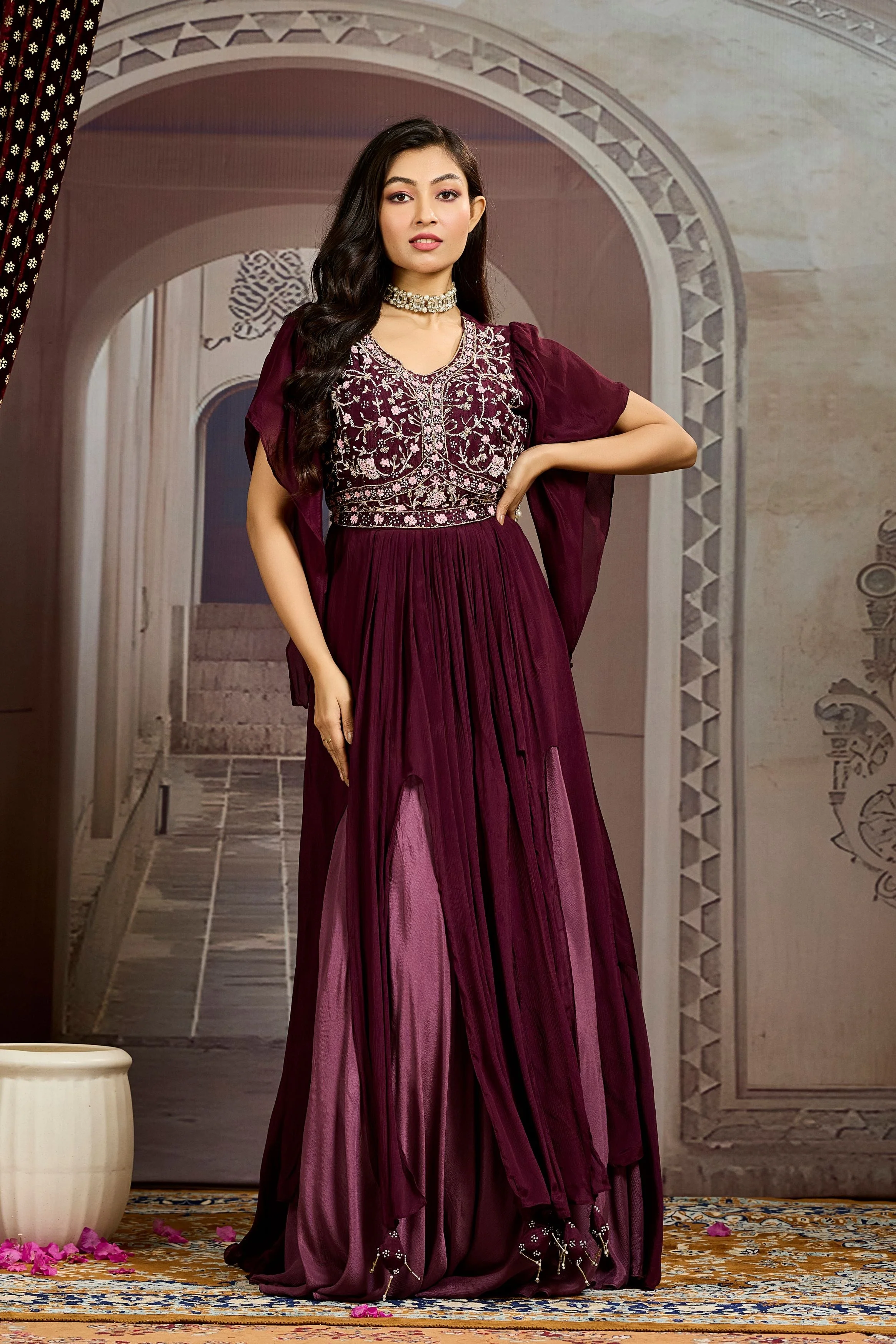 Burgundy Embellished Chinon Silk Gown - Image 5