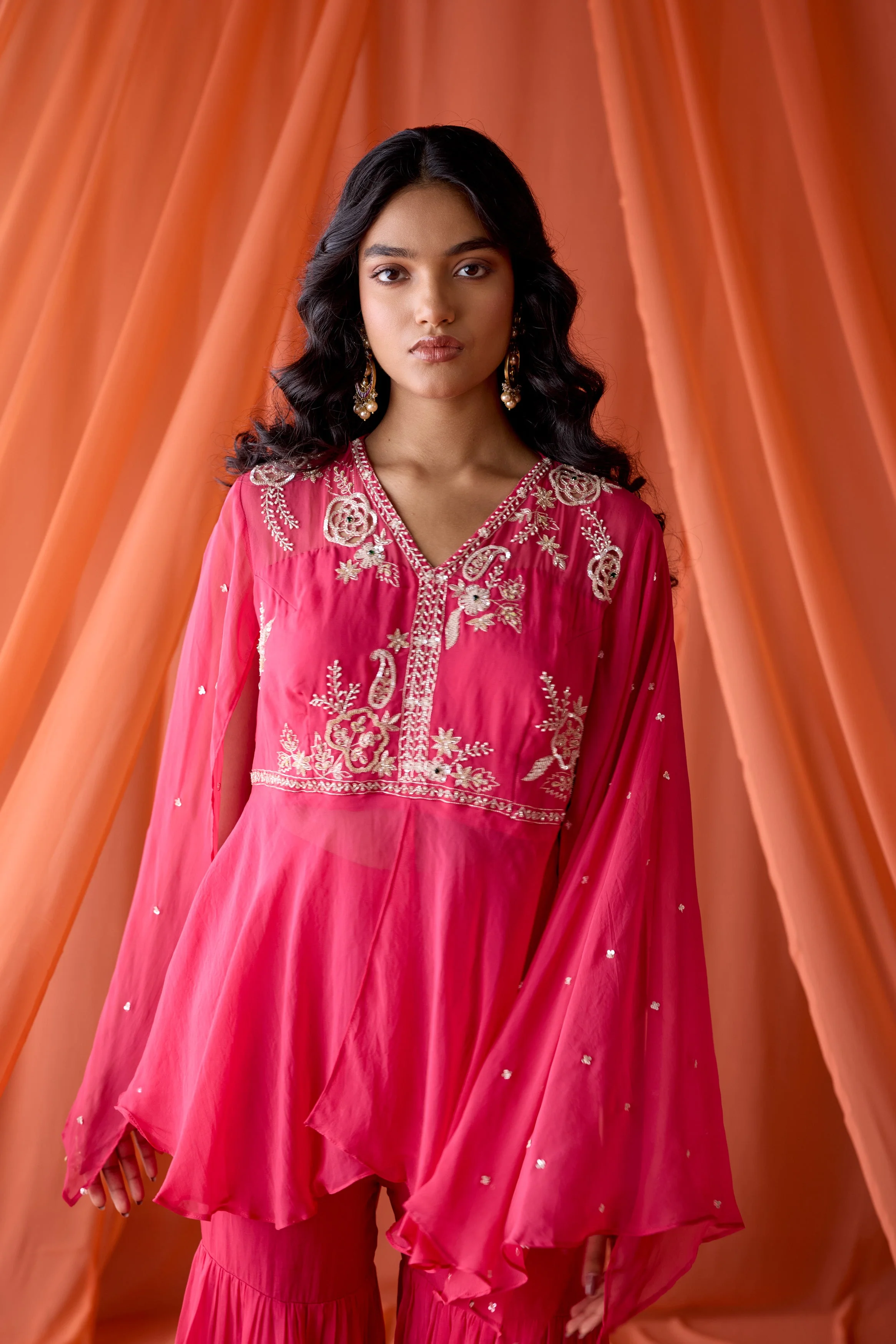 Rose Pink Embellished Organza Silk Sharara Set - Image 3
