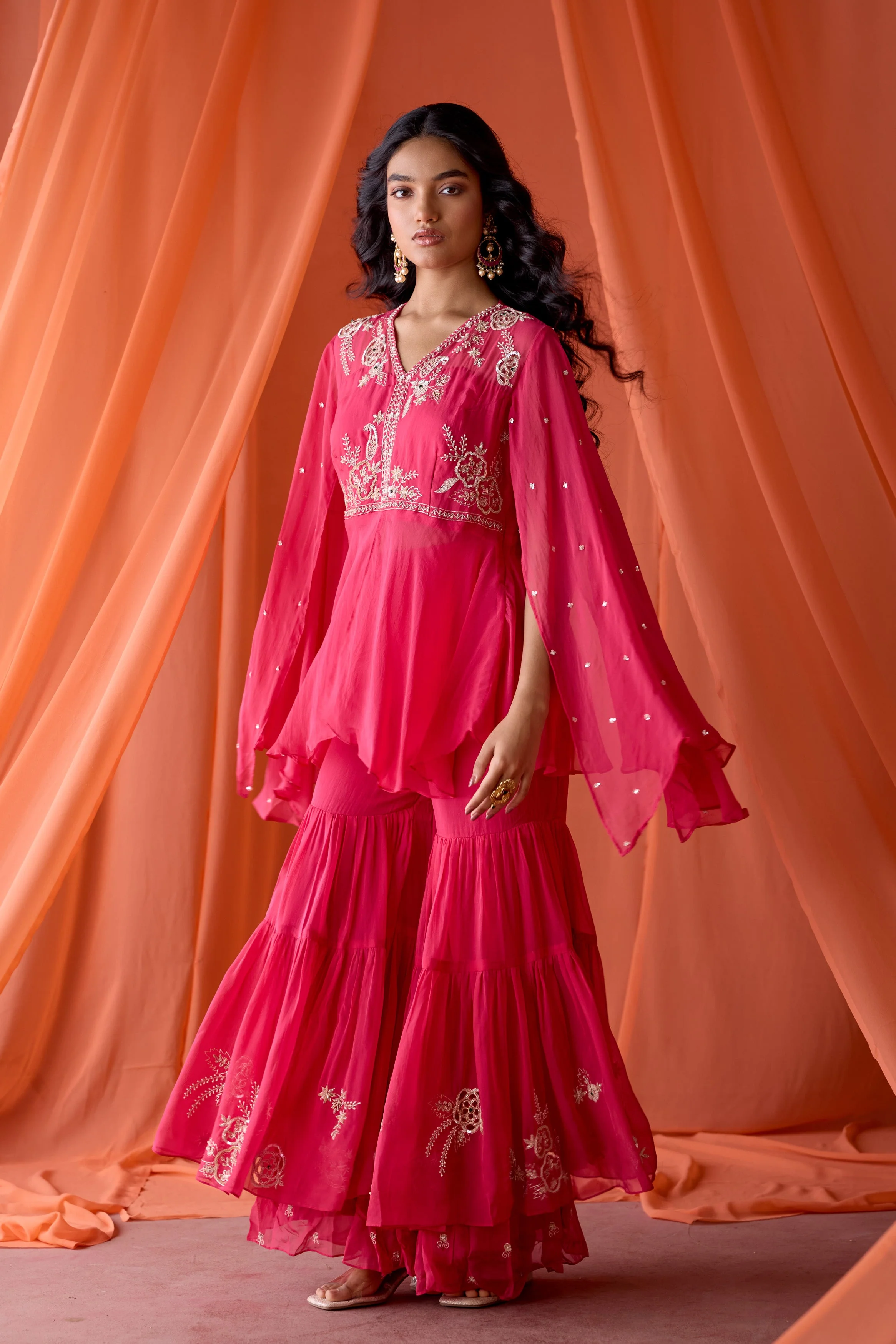 Rose Pink Embellished Organza Silk Sharara Set - Image 4