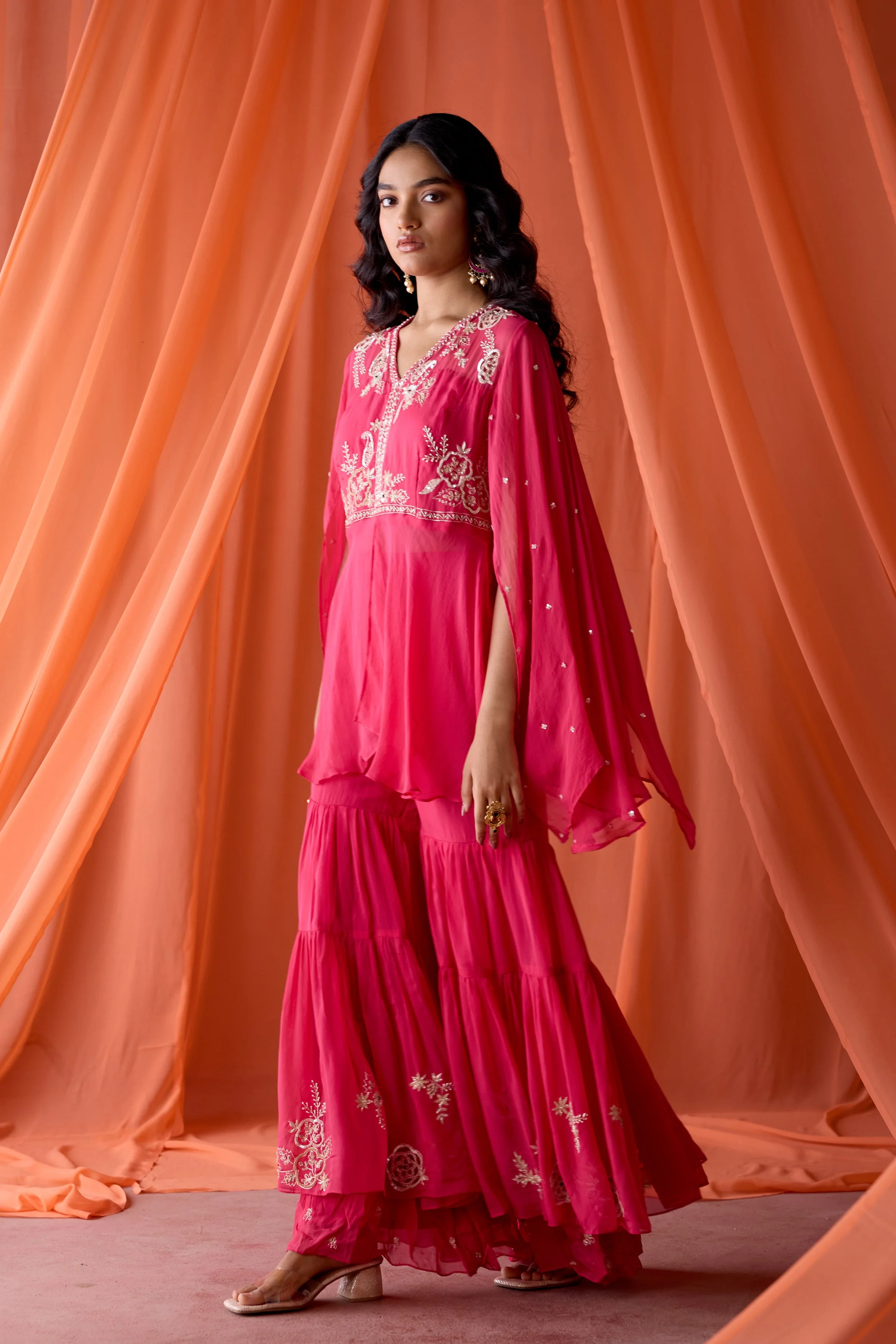 Rose Pink Embellished Organza Silk Sharara Set - Image 5
