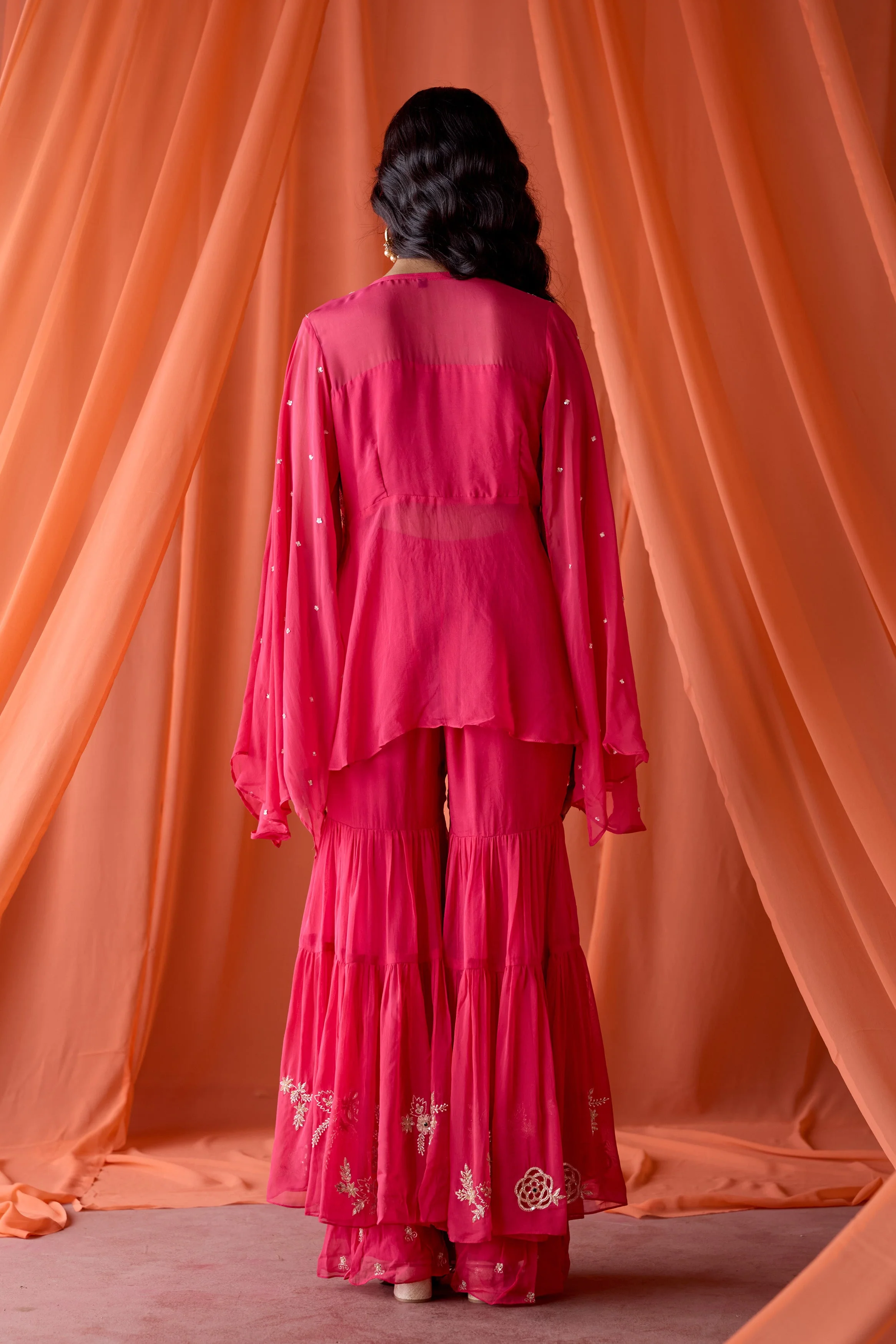 Rose Pink Embellished Organza Silk Sharara Set - Image 6