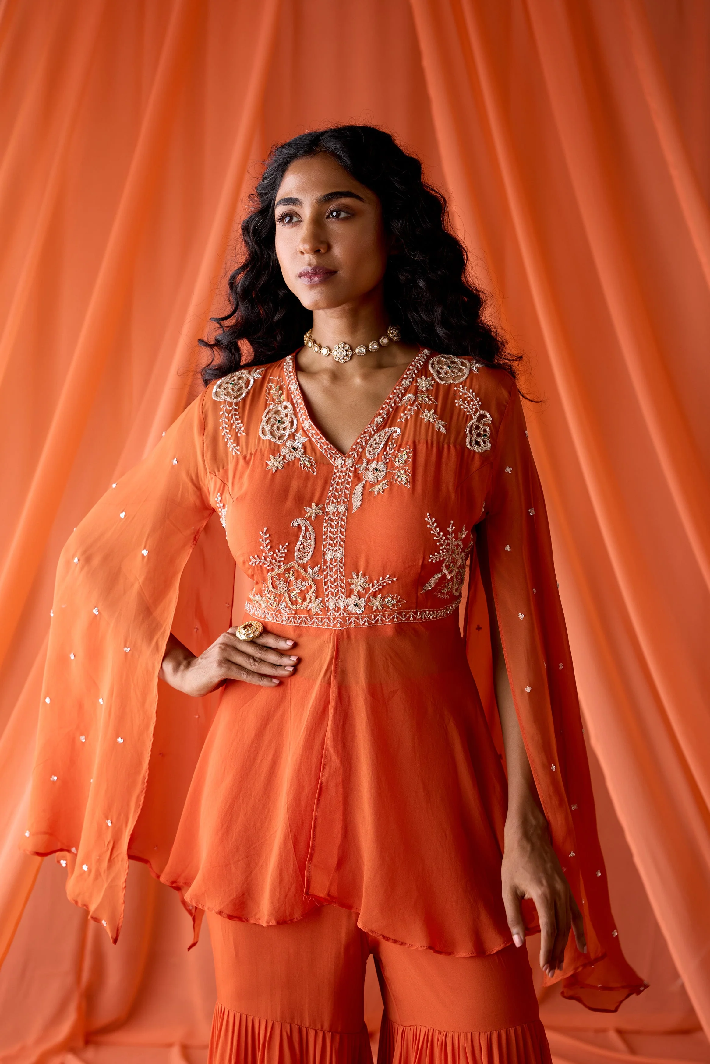 Rust Orange Embellished Organza Silk Sharara Set - Image 3