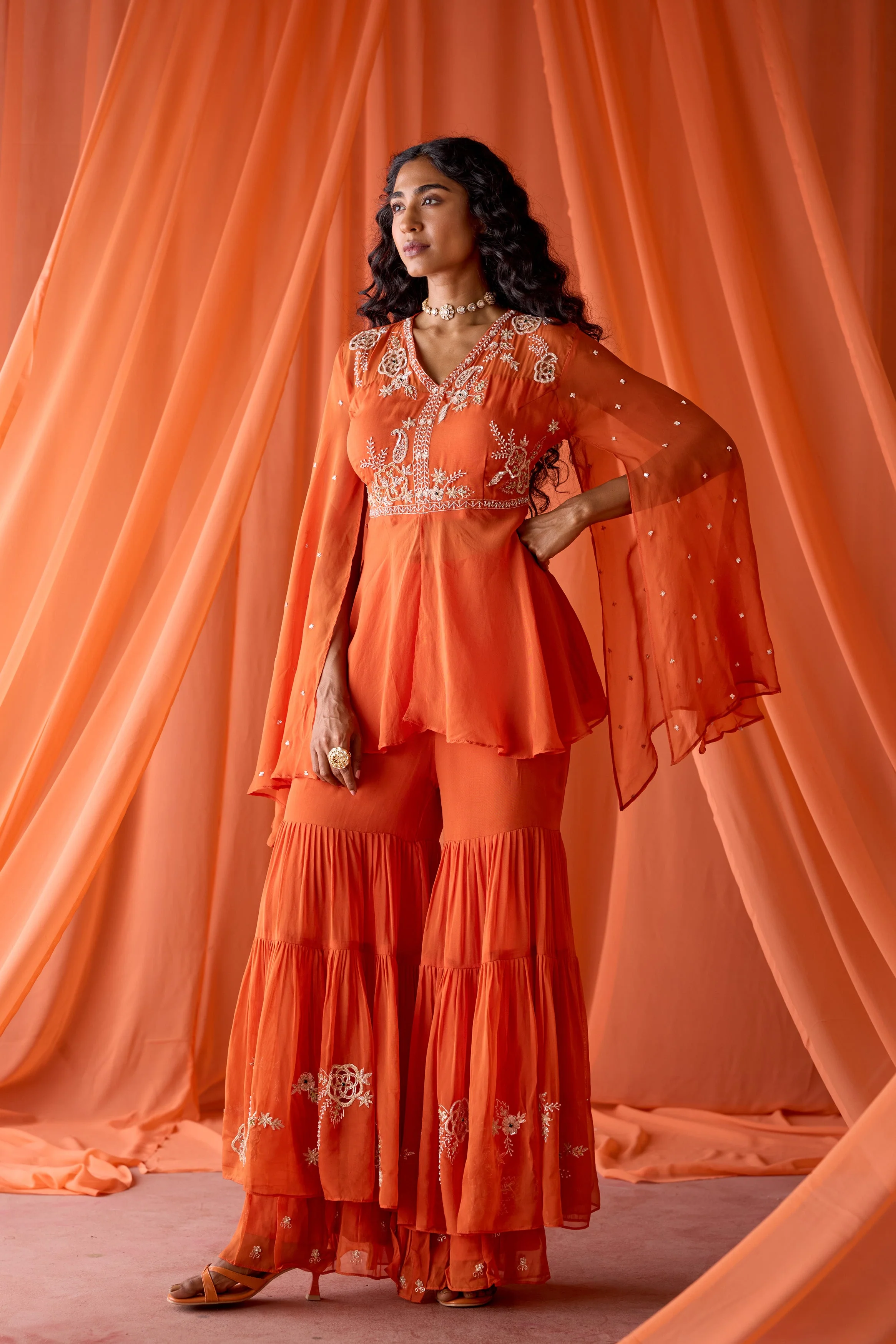 Rust Orange Embellished Organza Silk Sharara Set - Image 4