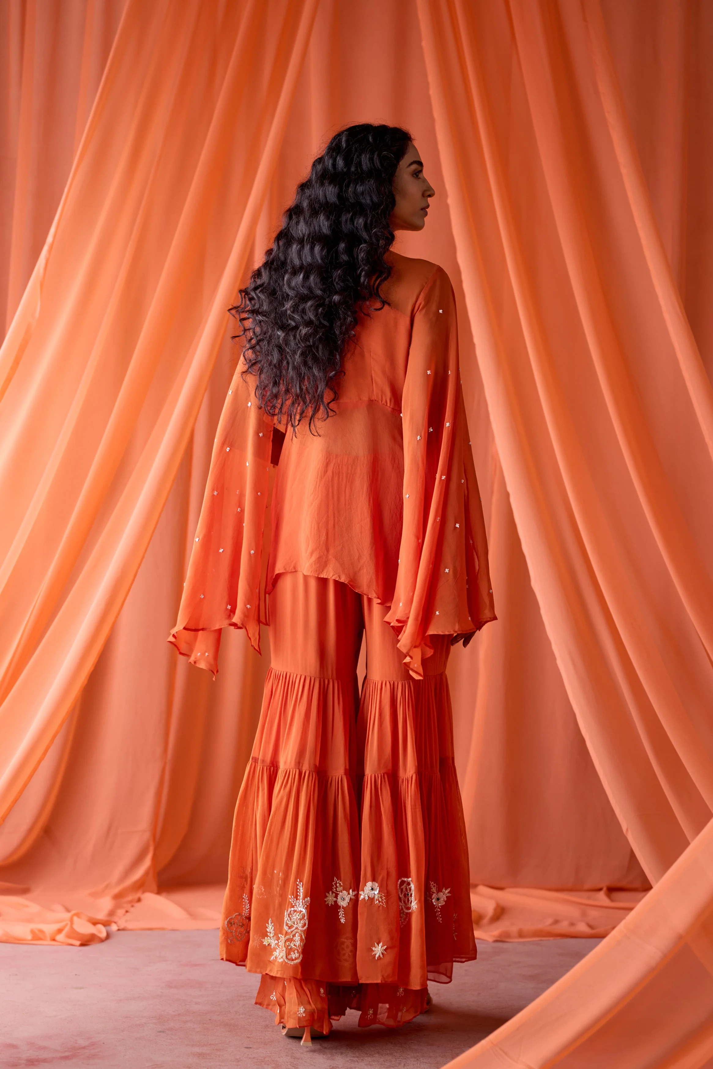 Rust Orange Embellished Organza Silk Sharara Set - Image 5