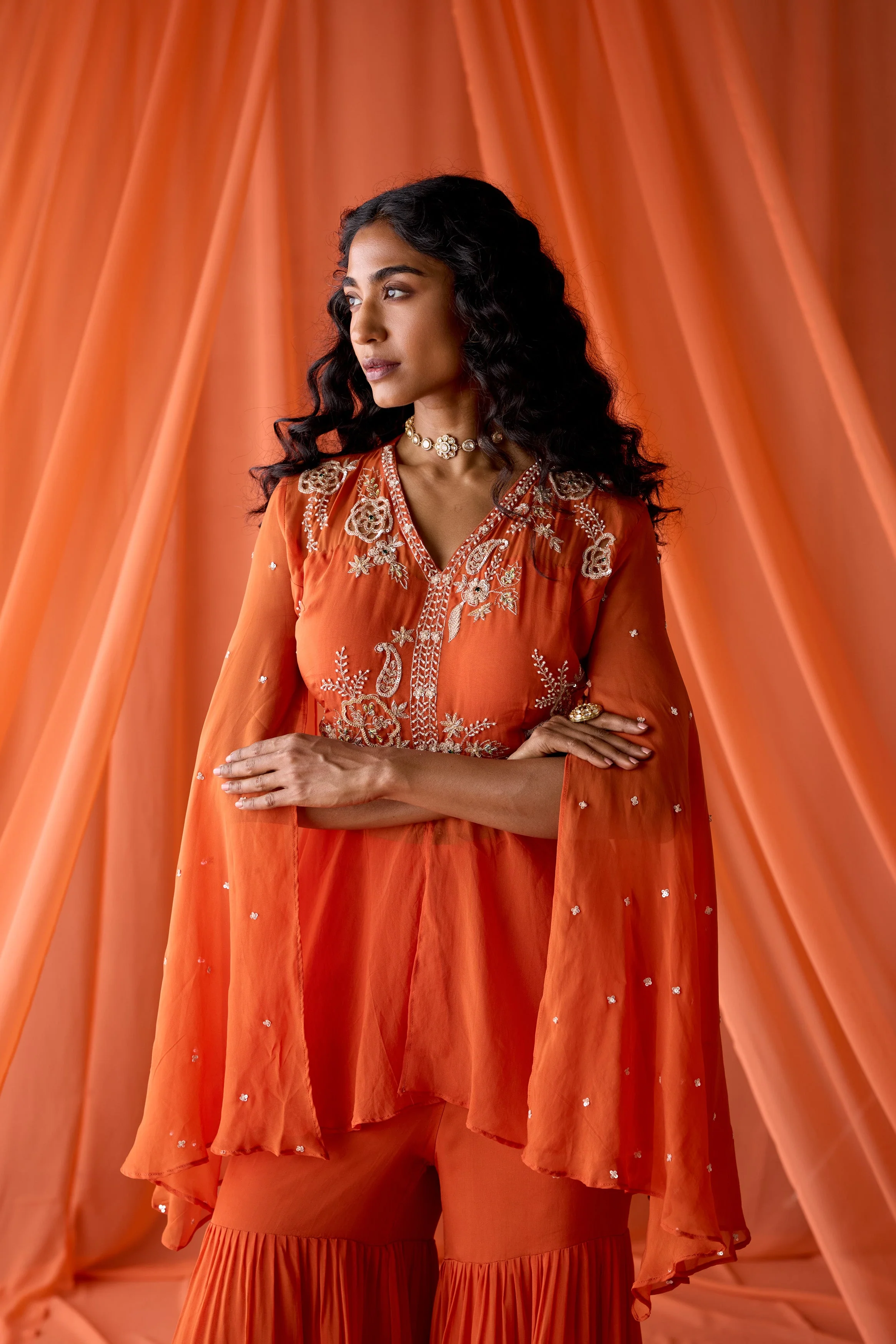 Rust Orange Embellished Organza Silk Sharara Set - Image 6
