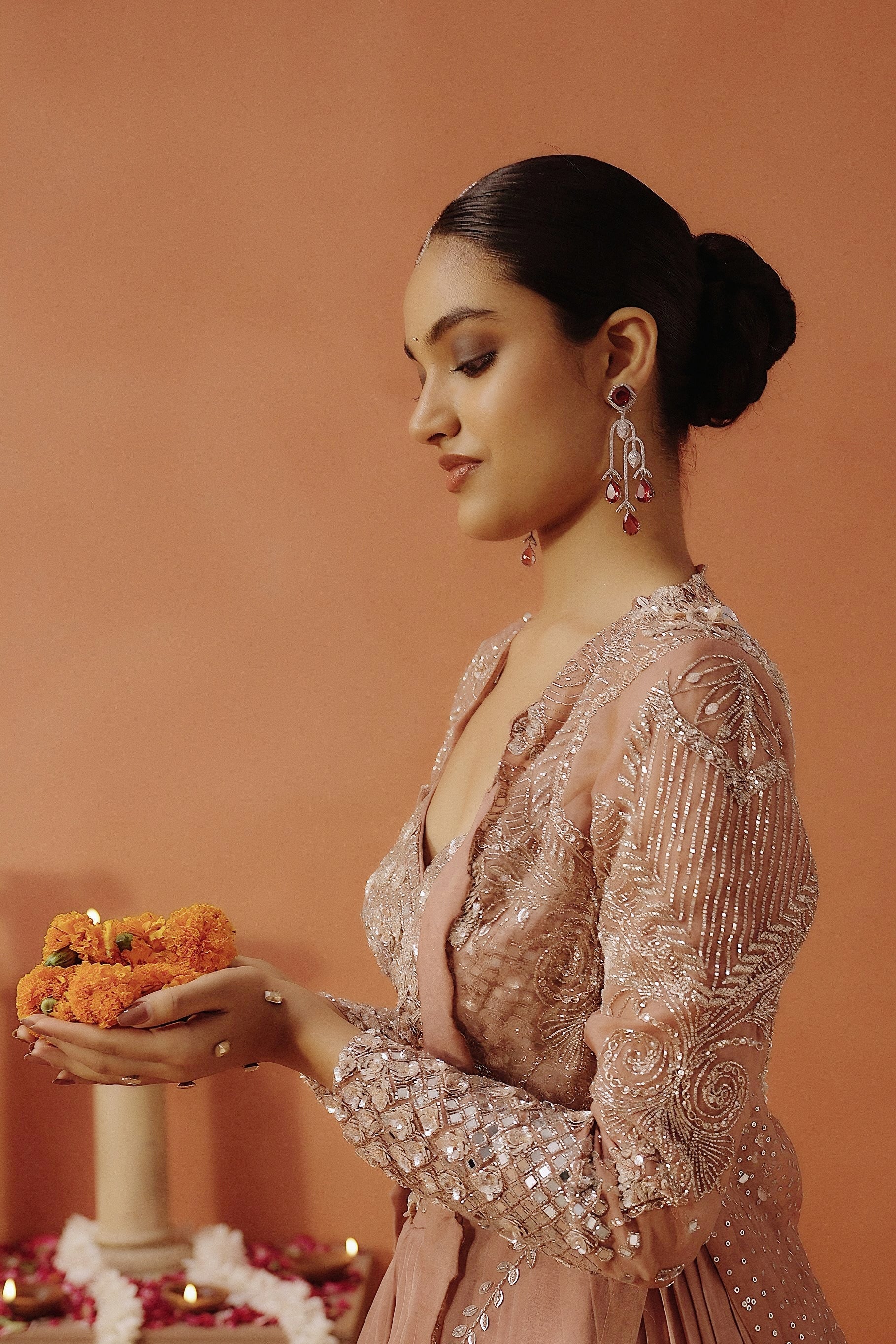 Blush Pink Embellished Satin Silk Lehenga Set - Image 3