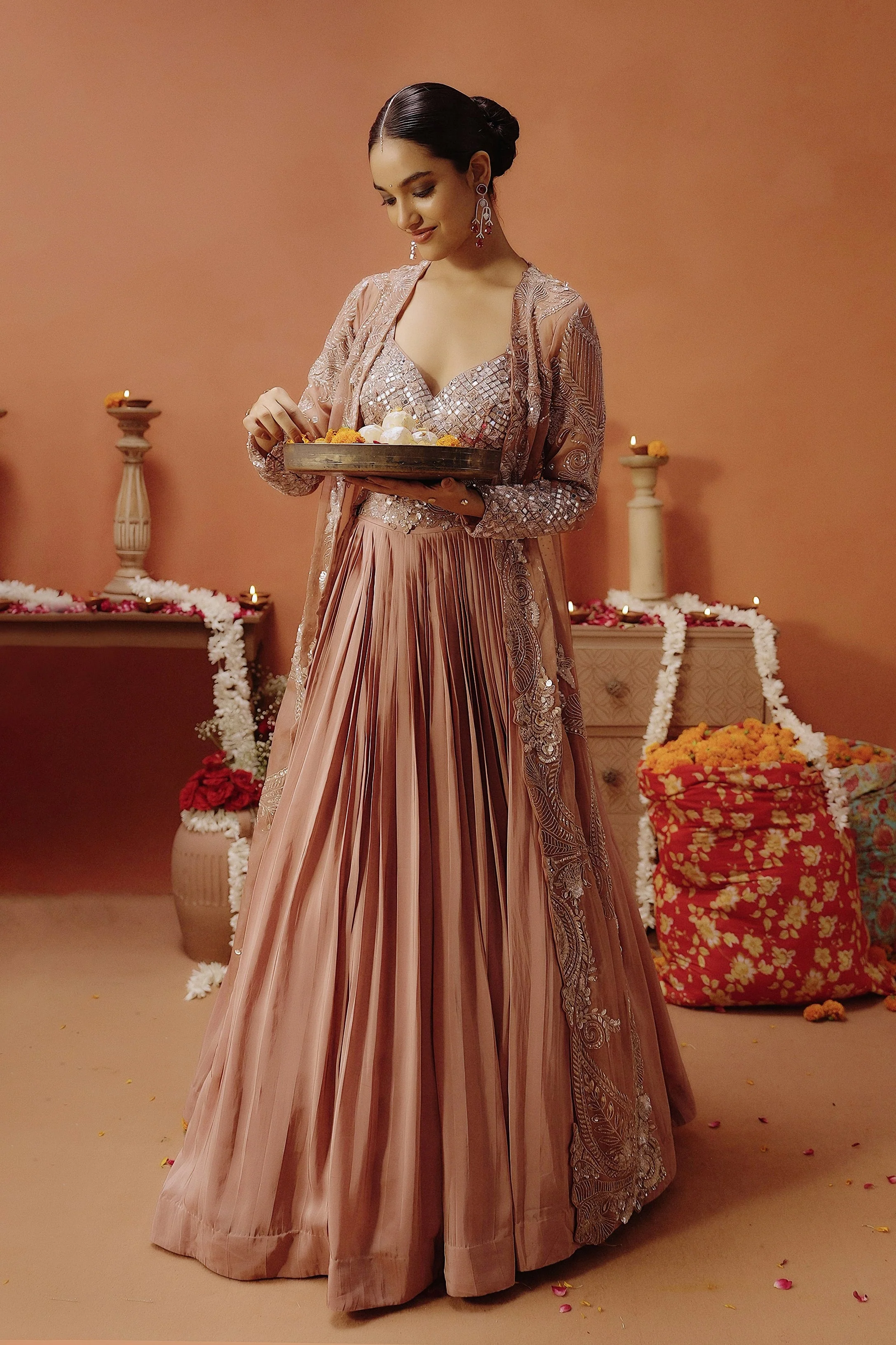 Blush Pink Embellished Satin Silk Lehenga Set - Image 4