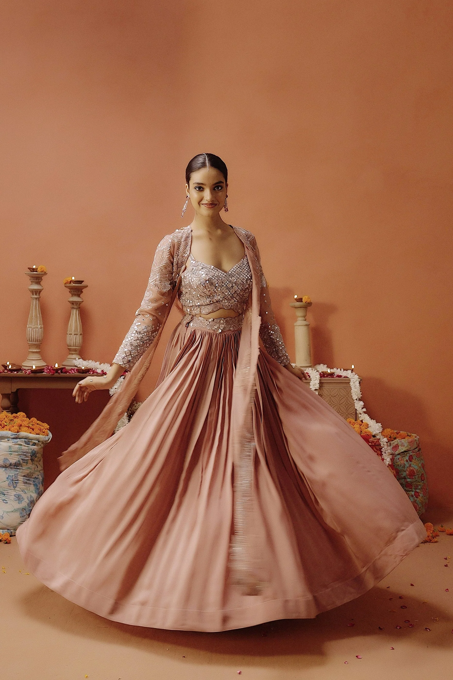 Blush Pink Embellished Satin Silk Lehenga Set - Image 5