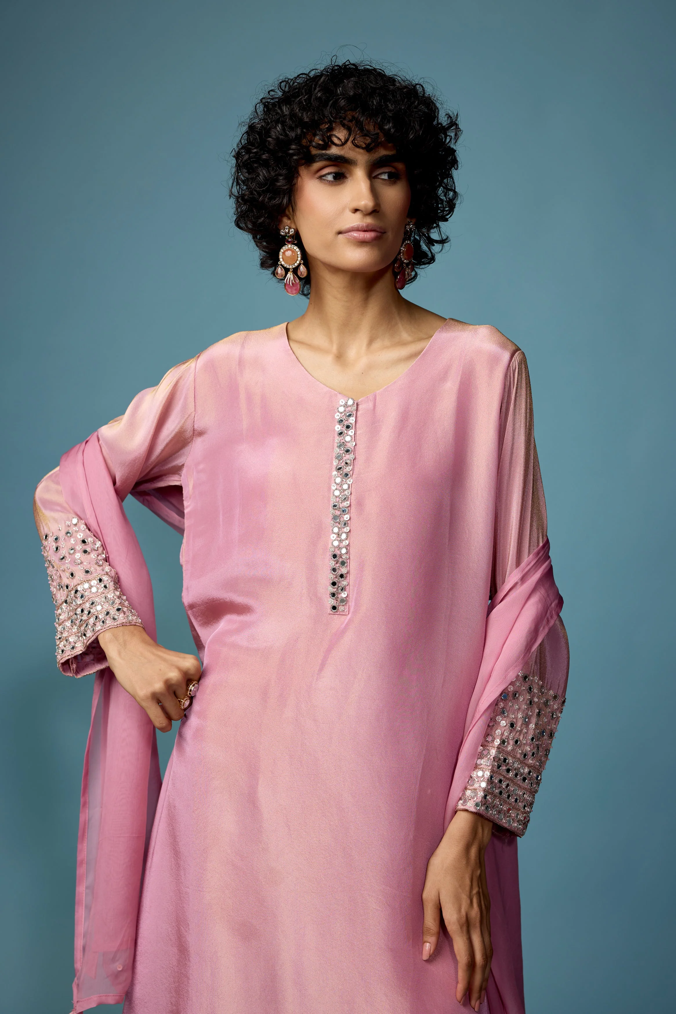 Rose Pink Embellished Shimmer Tissue Silk Pant Set - Image 2