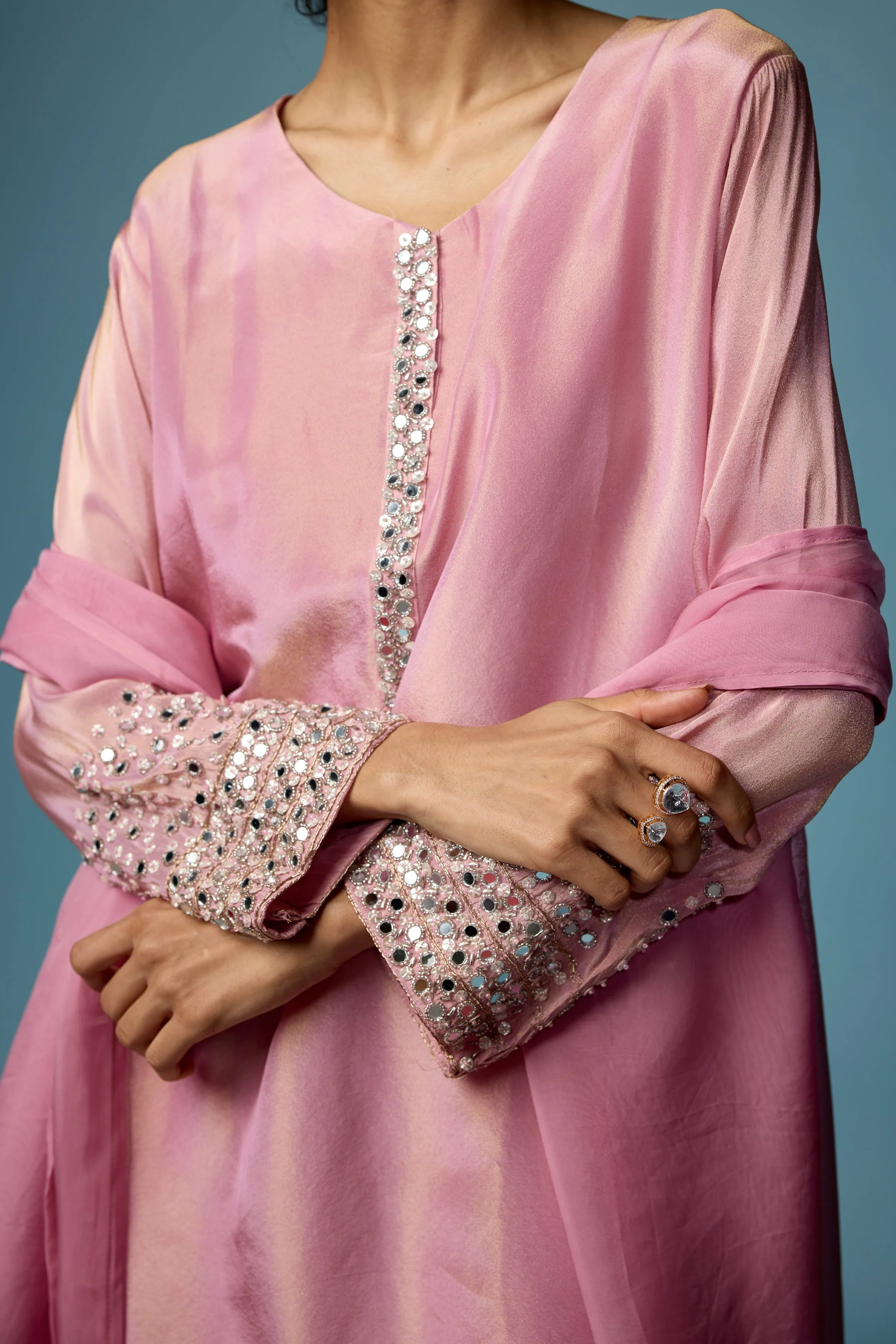 Rose Pink Embellished Shimmer Tissue Silk Pant Set - Image 3