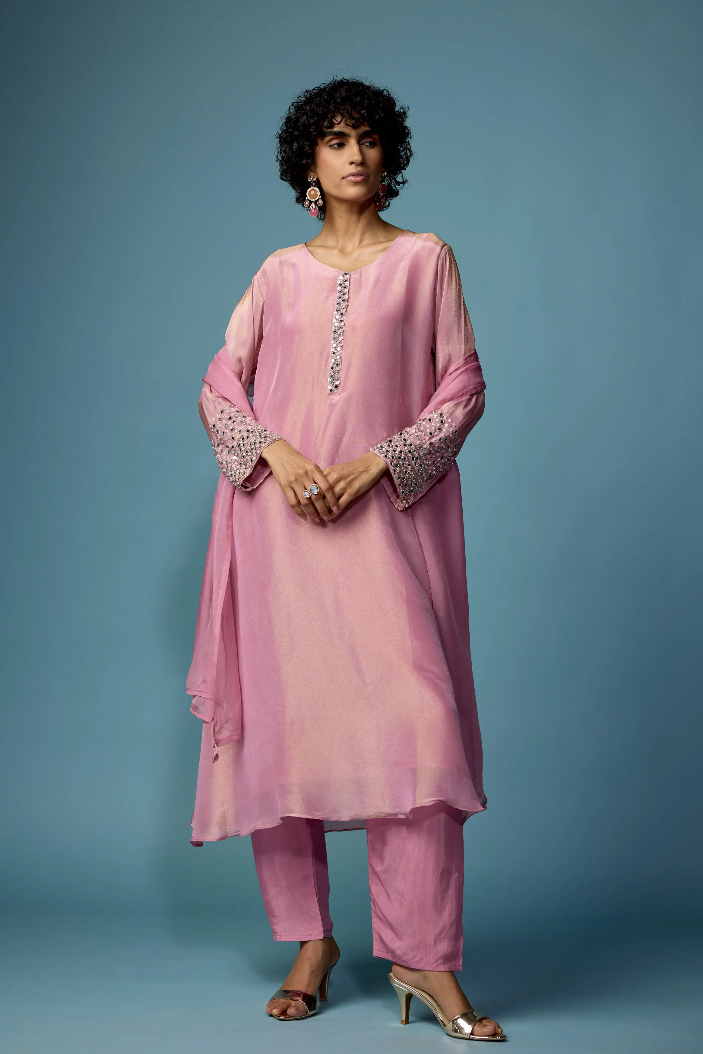 Rose Pink Embellished Shimmer Tissue Silk Pant Set - Image 4