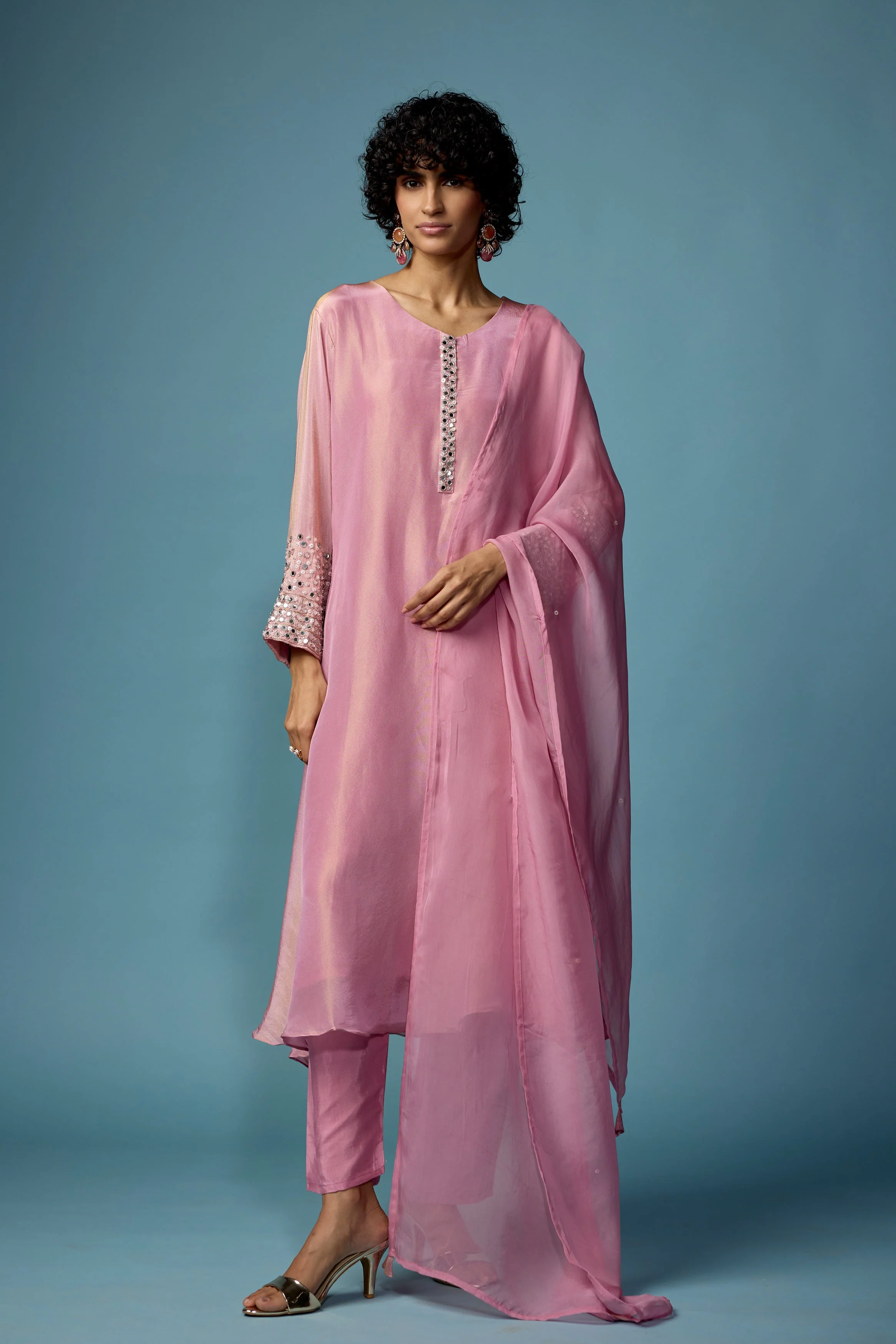 Rose Pink Embellished Shimmer Tissue Silk Pant Set - Image 5