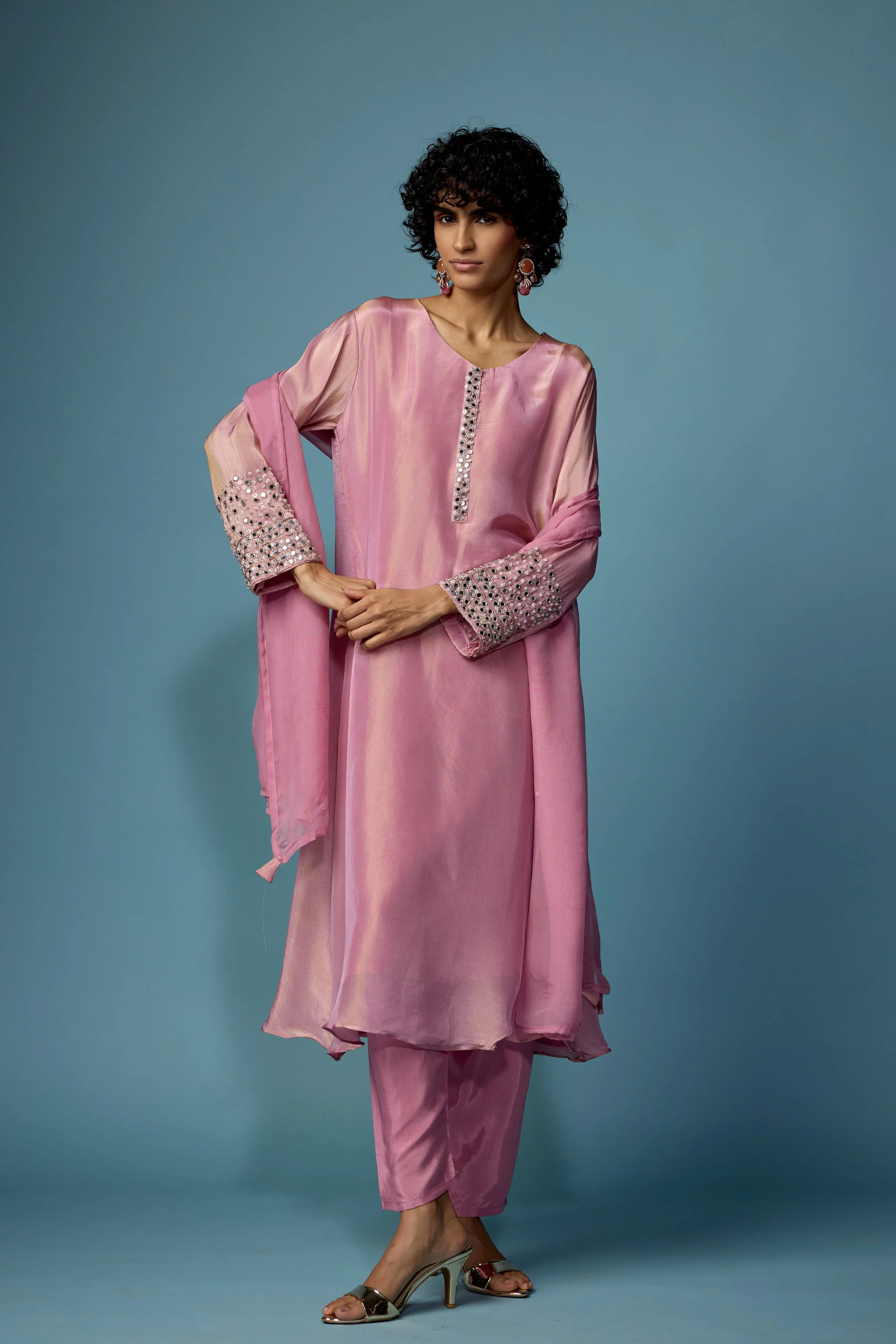 Rose Pink Embellished Shimmer Tissue Silk Pant Set - Image 6