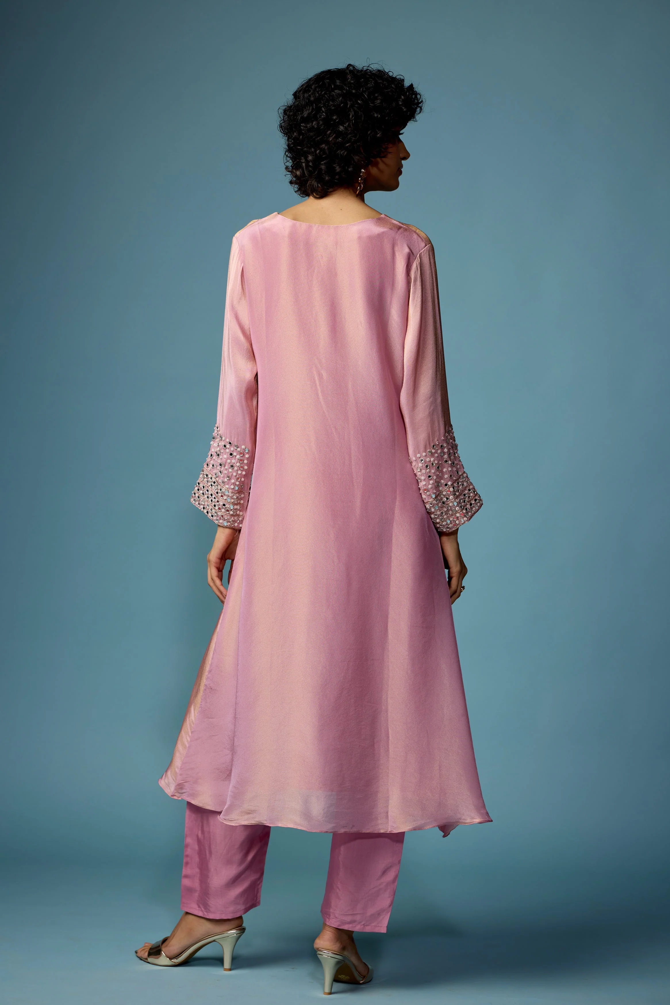 Rose Pink Embellished Shimmer Tissue Silk Pant Set - Image 7