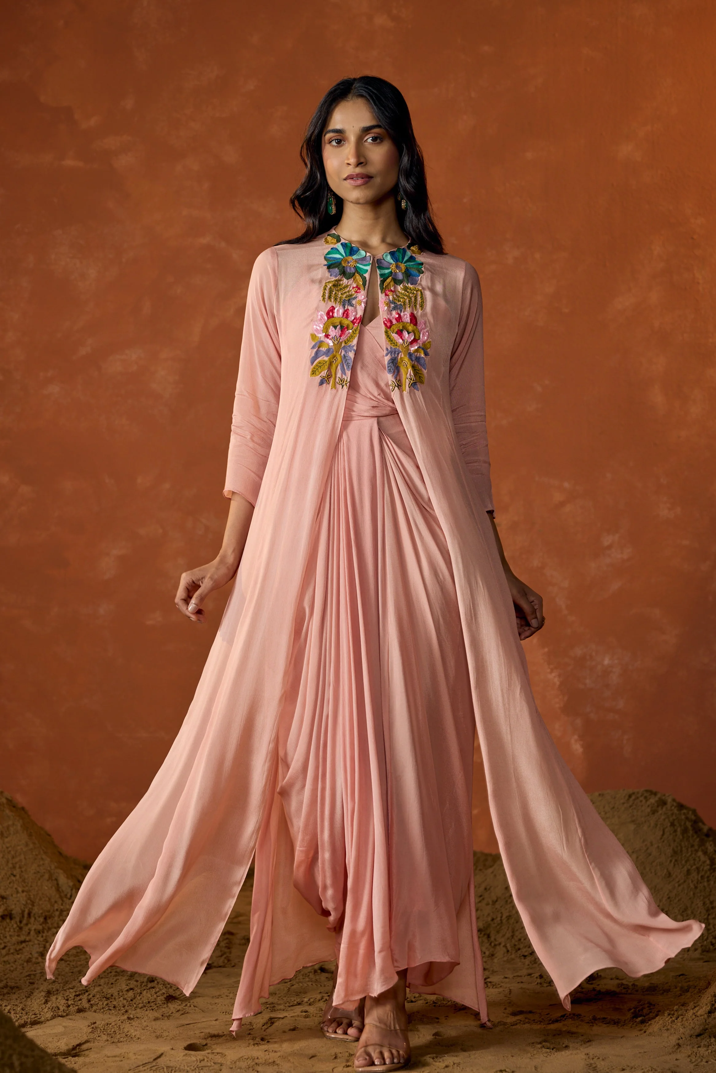 Rose Pink Embroidered Chinon Silk Cape Dress With Jacket