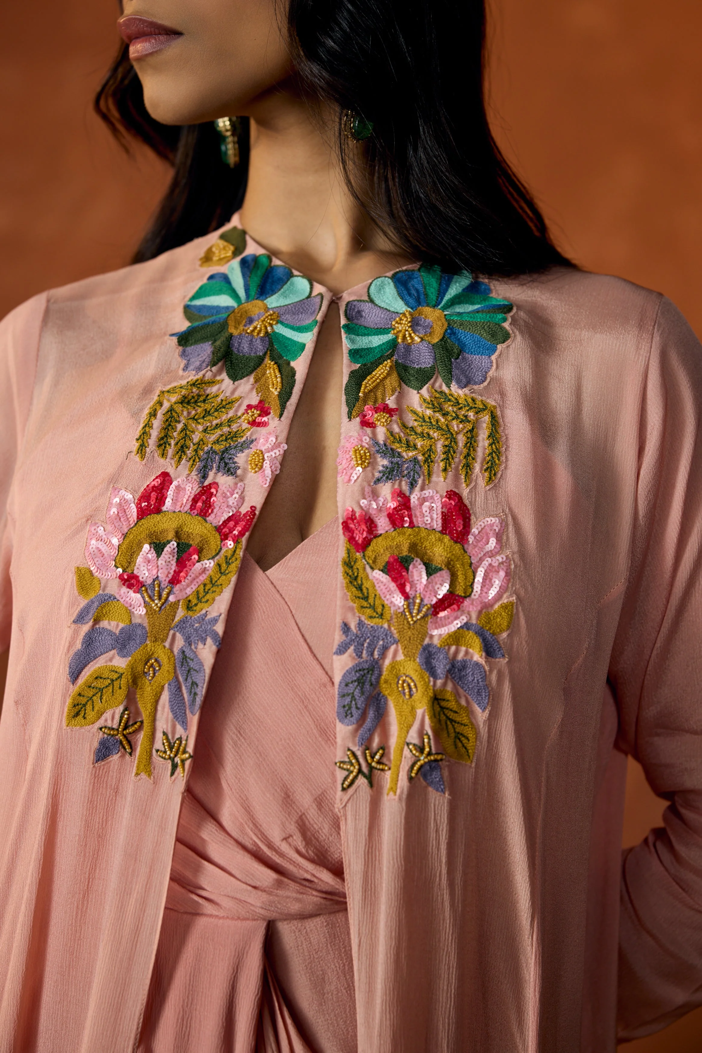 Rose Pink Embroidered Chinon Silk Cape Dress With Jacket - Image 2