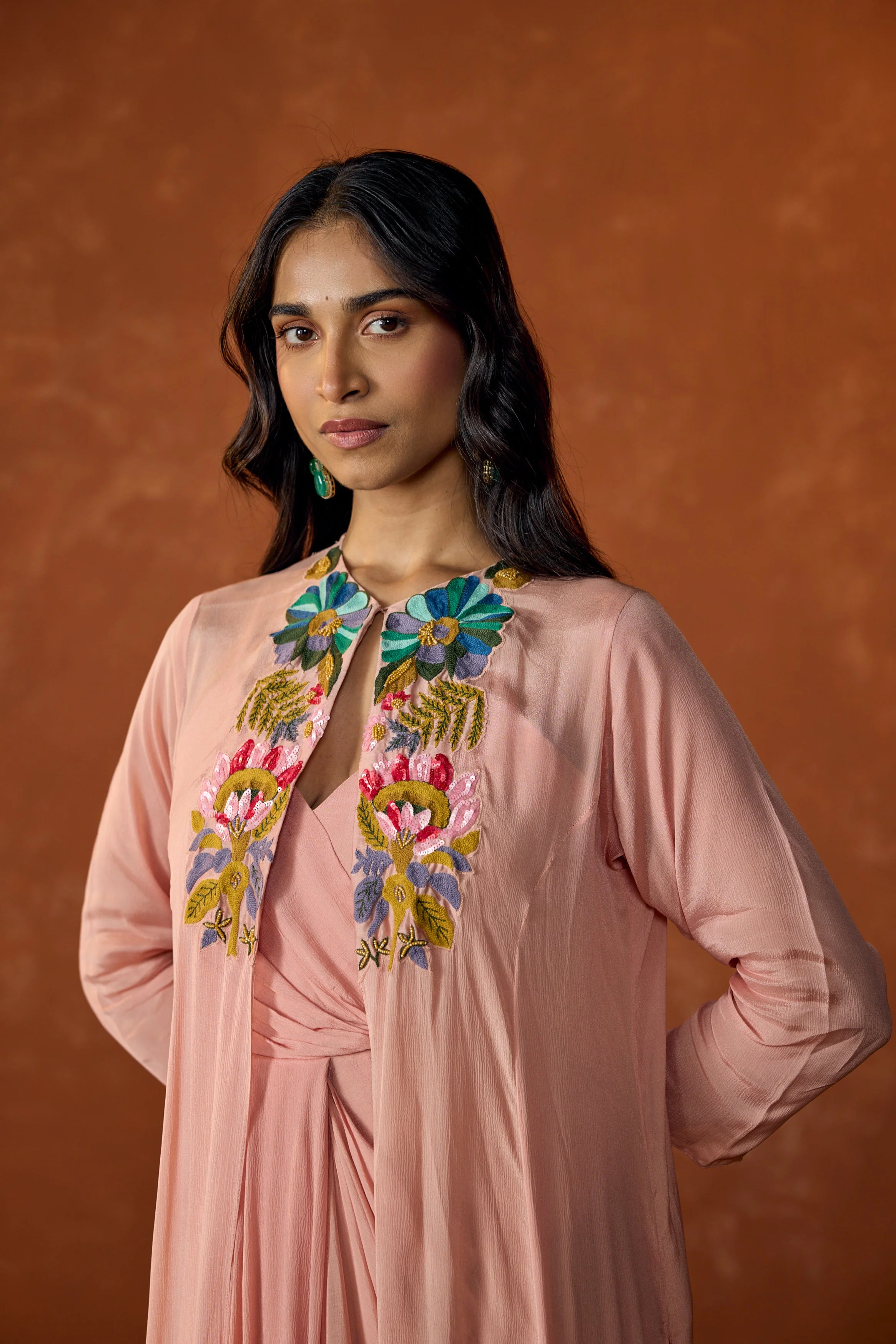 Rose Pink Embroidered Chinon Silk Cape Dress With Jacket - Image 3