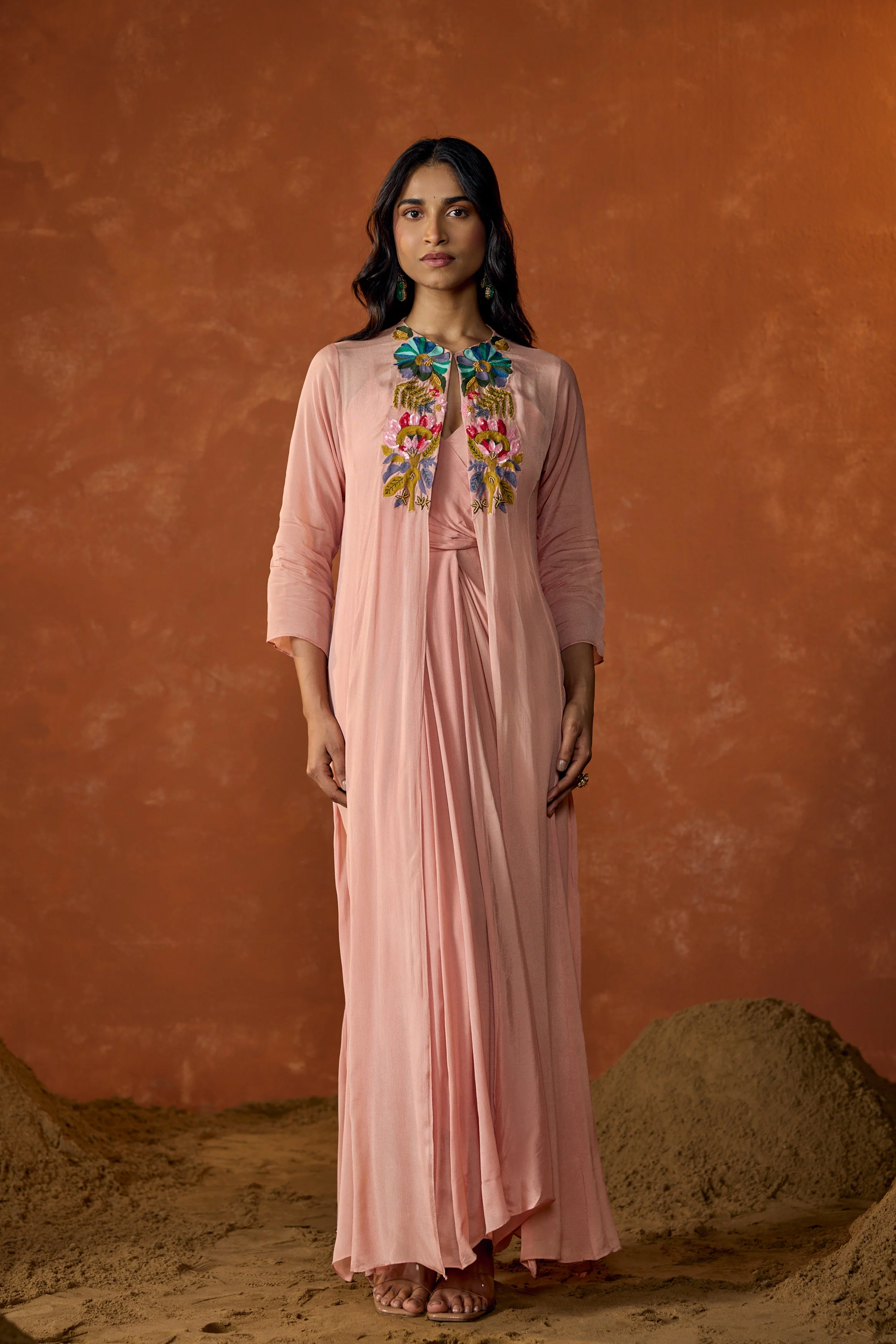 Rose Pink Embroidered Chinon Silk Cape Dress With Jacket - Image 4