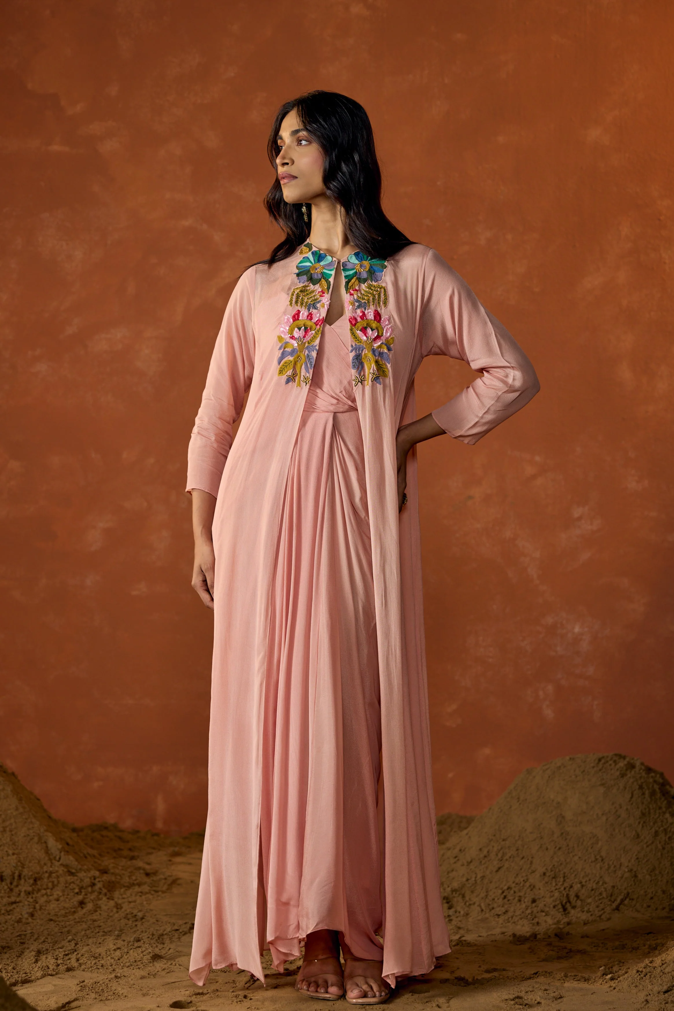 Rose Pink Embroidered Chinon Silk Cape Dress With Jacket - Image 5