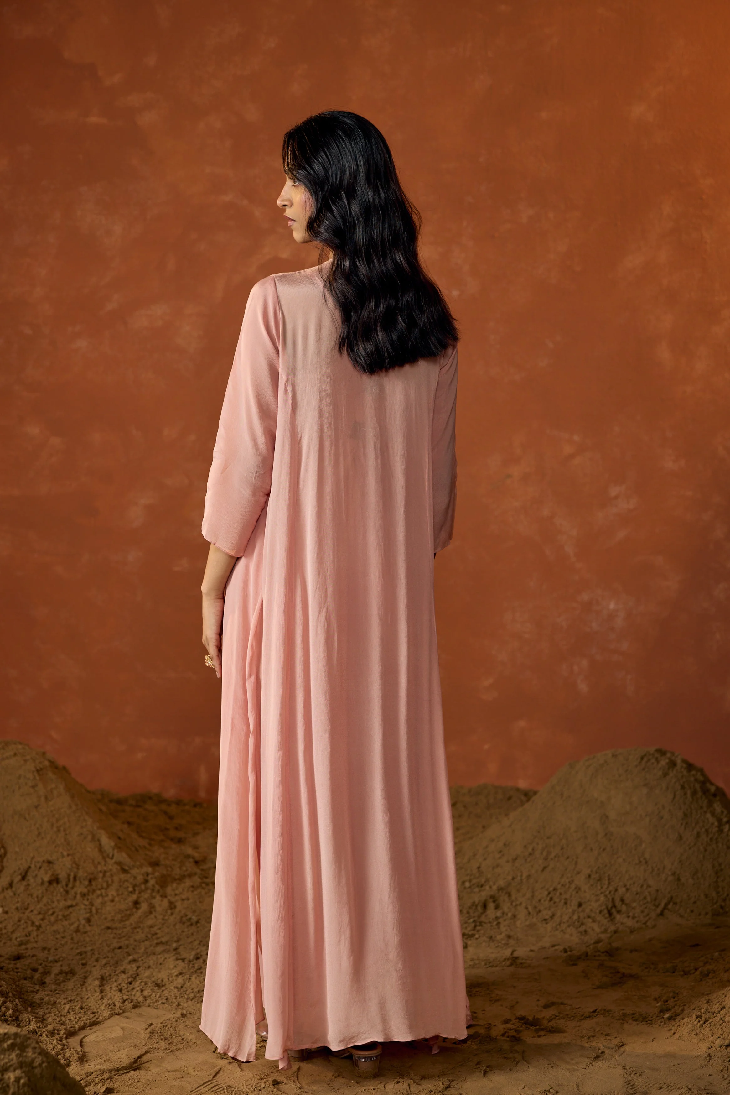 Rose Pink Embroidered Chinon Silk Cape Dress With Jacket - Image 7