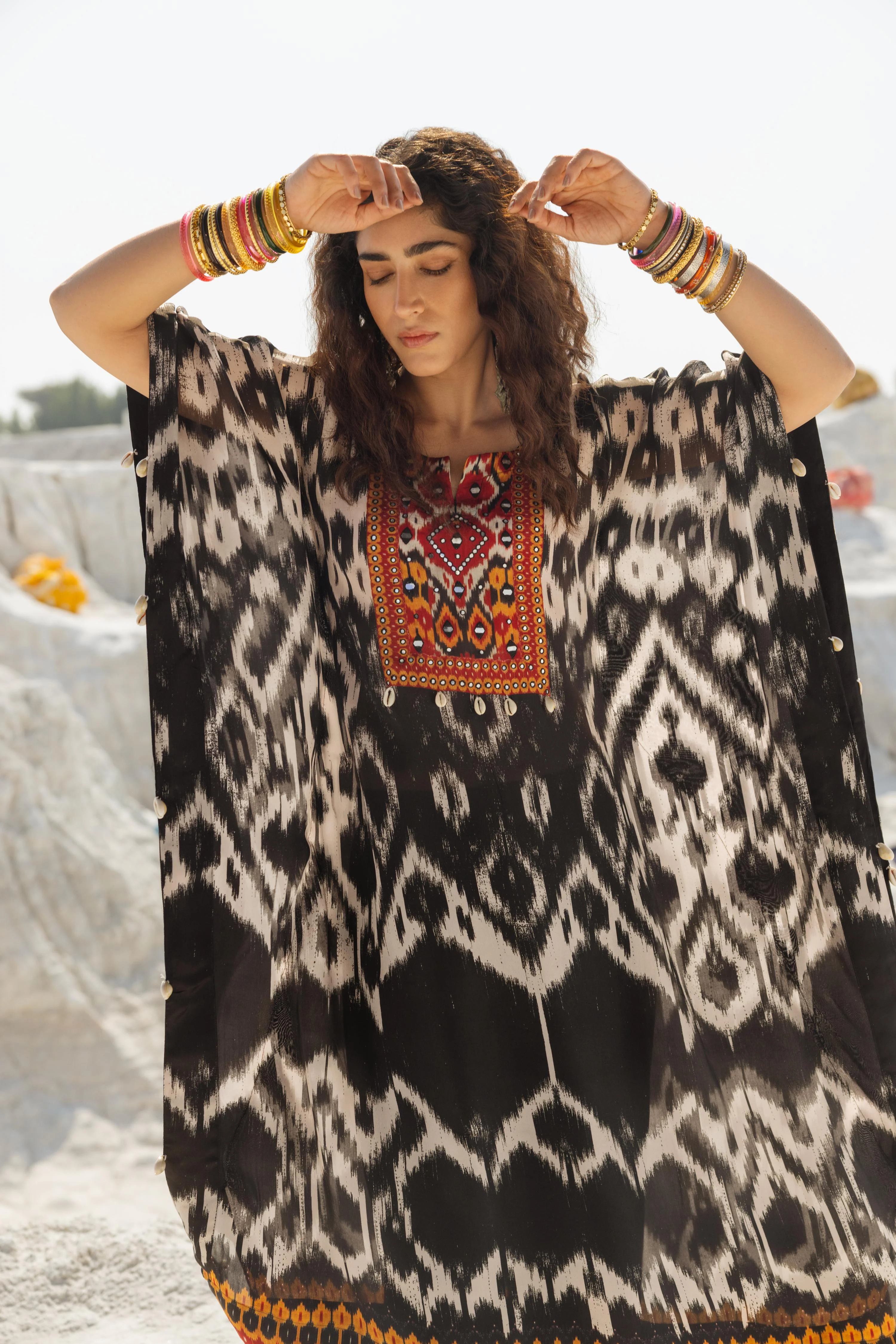Black & White Ikat Printed Muslin Silk Kaftan Set - Image 2