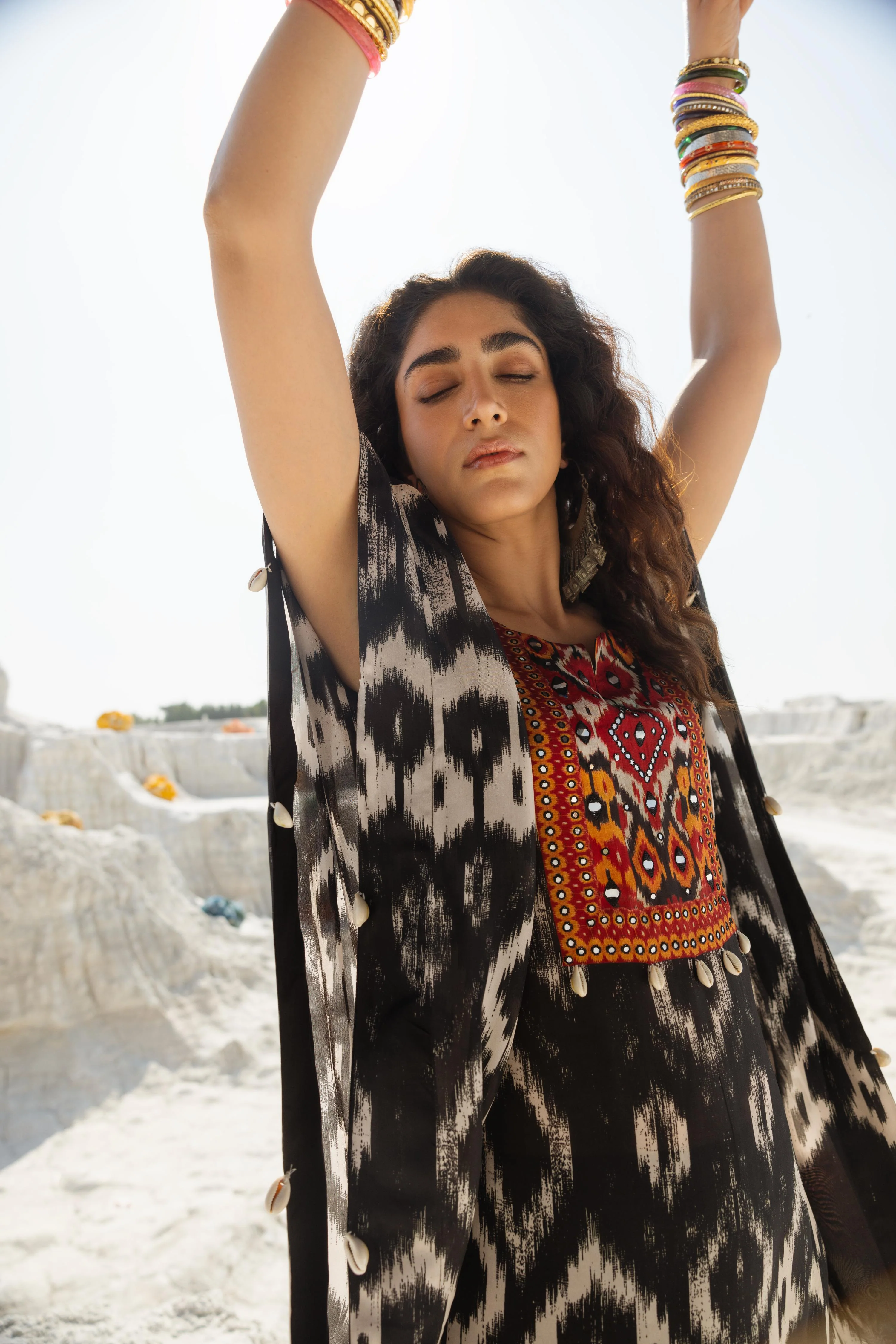 Black & White Ikat Printed Muslin Silk Kaftan Set - Image 3