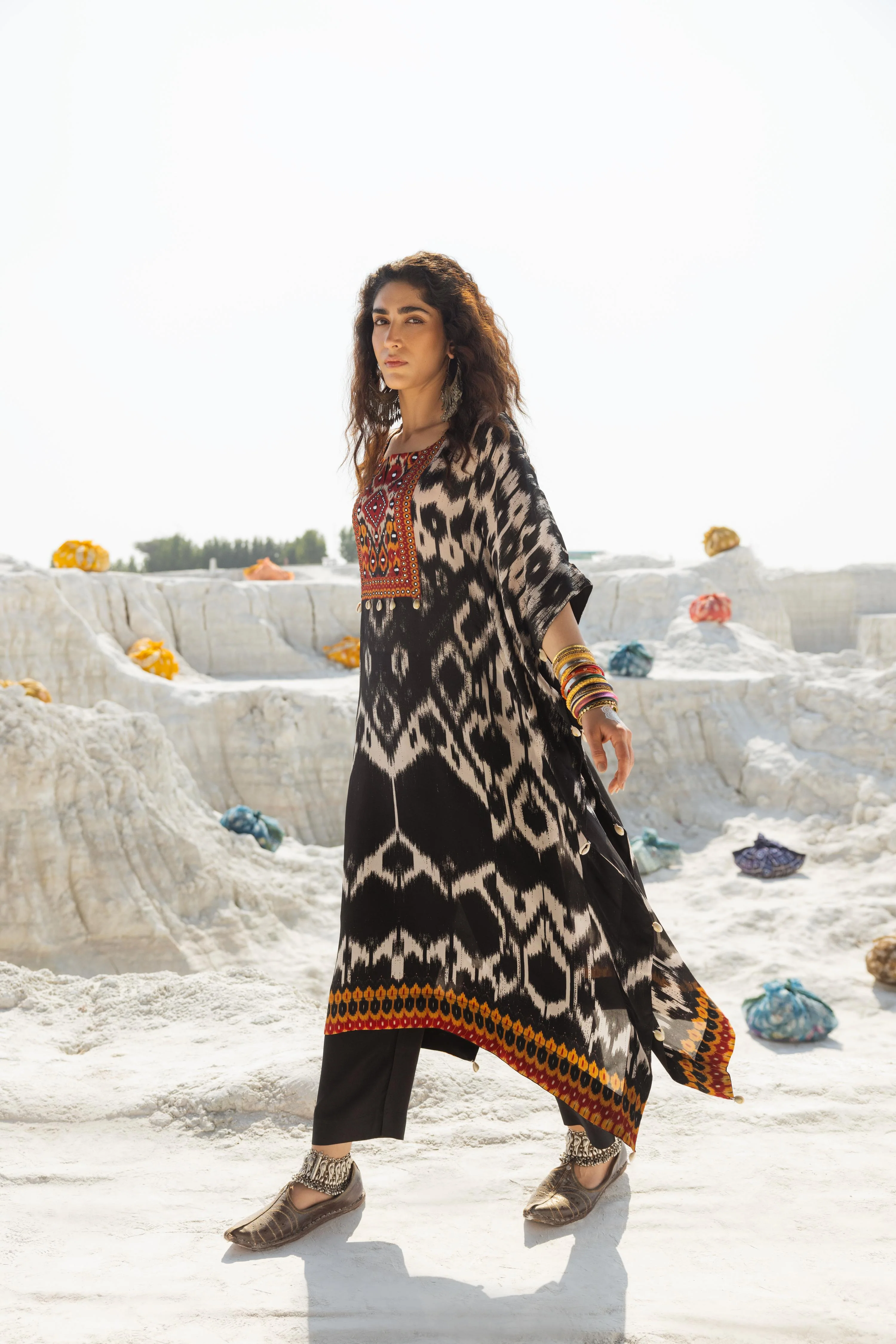 Black & White Ikat Printed Muslin Silk Kaftan Set - Image 4