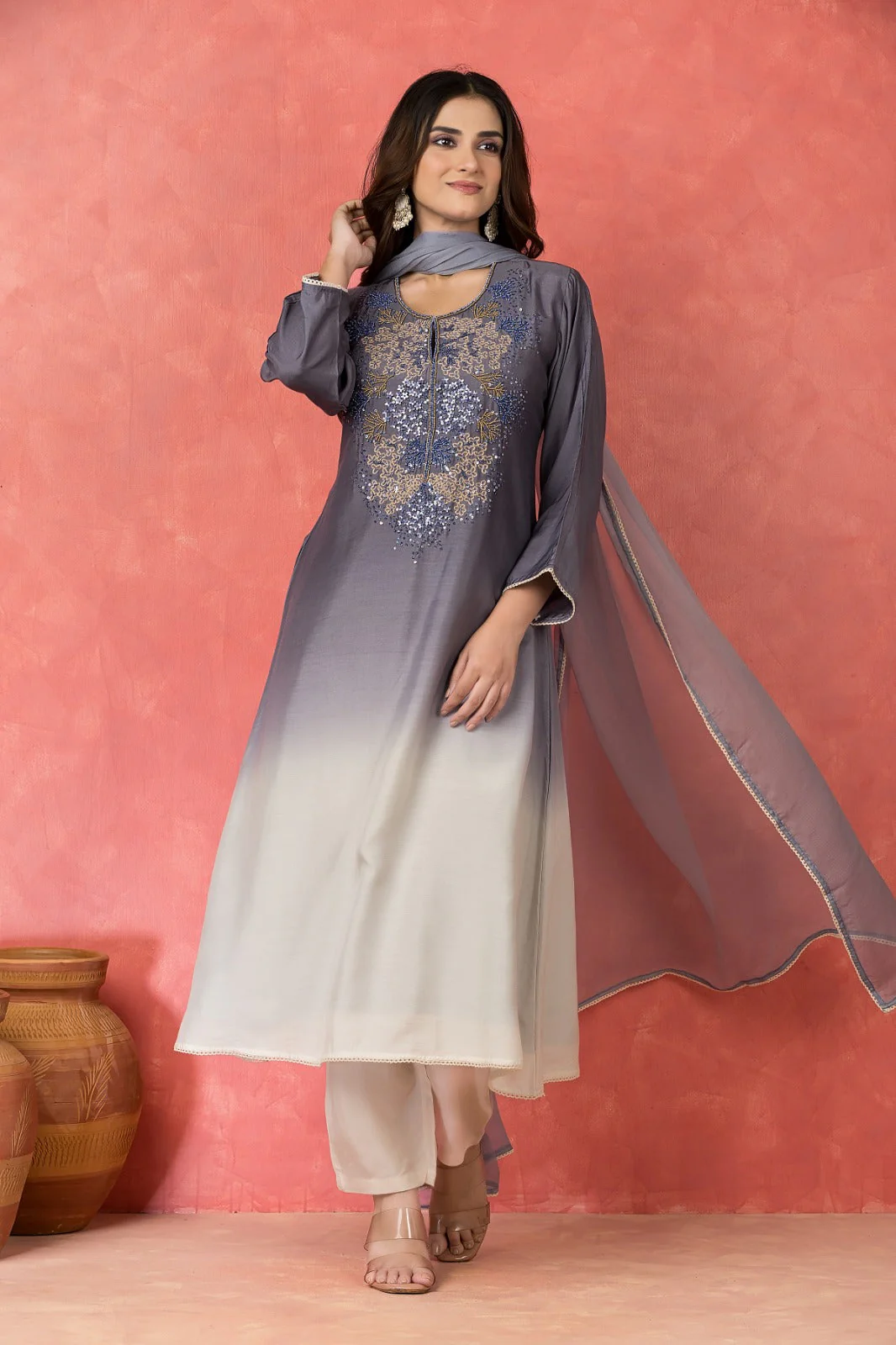 Steel Grey To Off-White Ombre Muslin Silk Pant Set