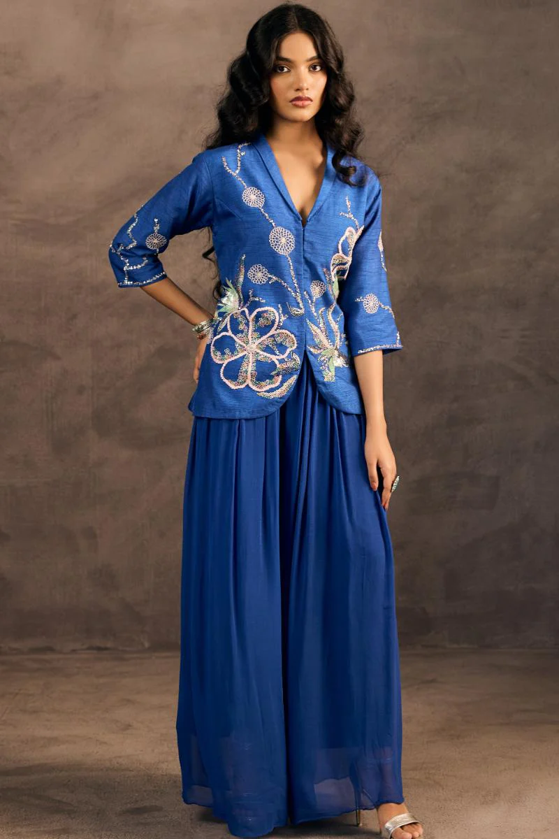 Radiant Blue Embellished Raw Silk Co-Ord Set - Image 3