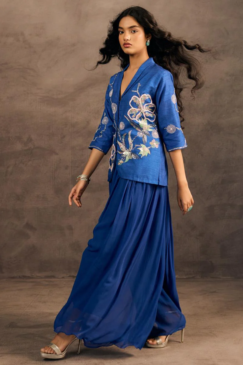 Radiant Blue Embellished Raw Silk Co-Ord Set - Image 4