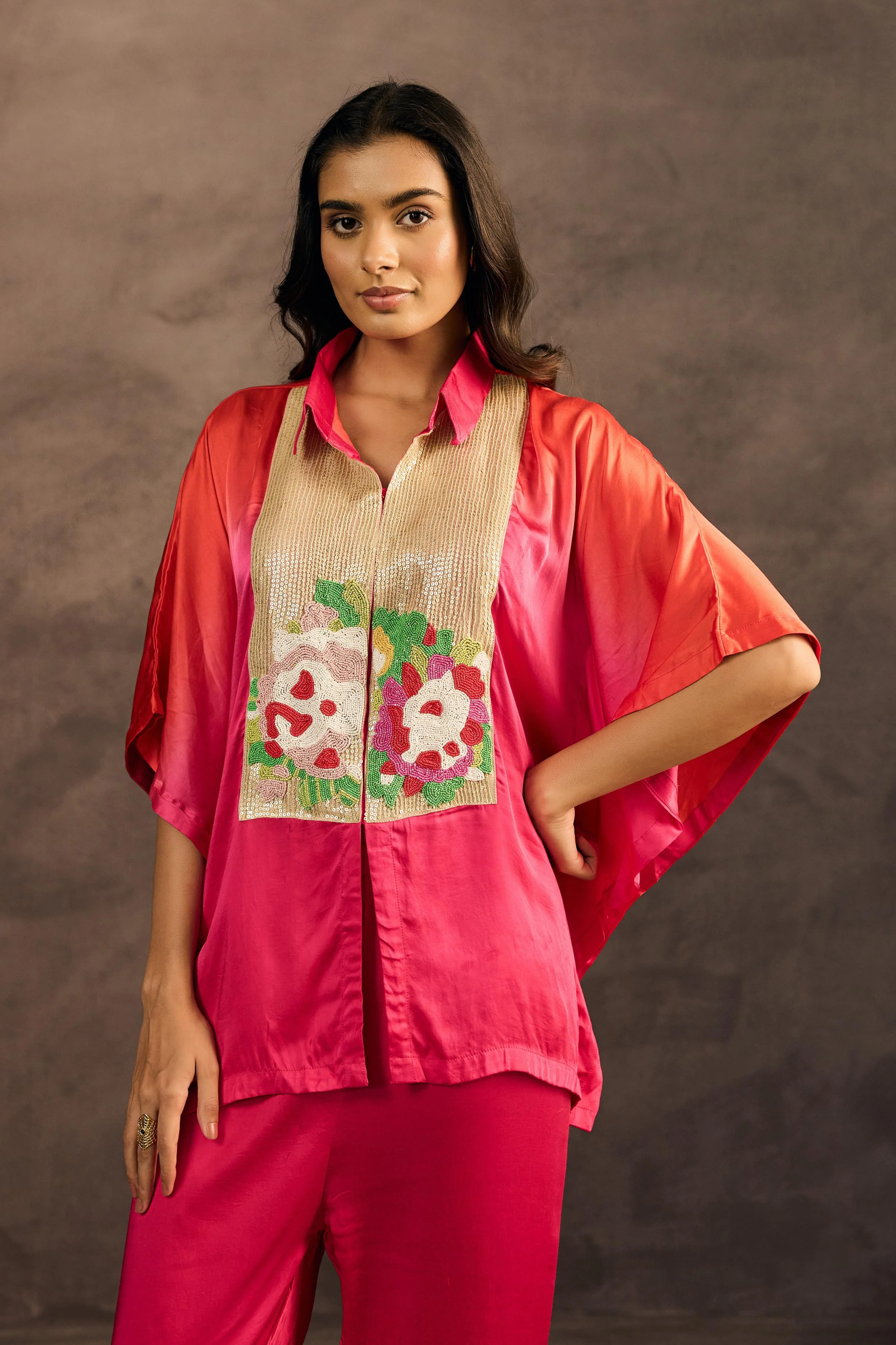 Rose Radiance Embellished Satin Silk Kaftan Set - Image 3