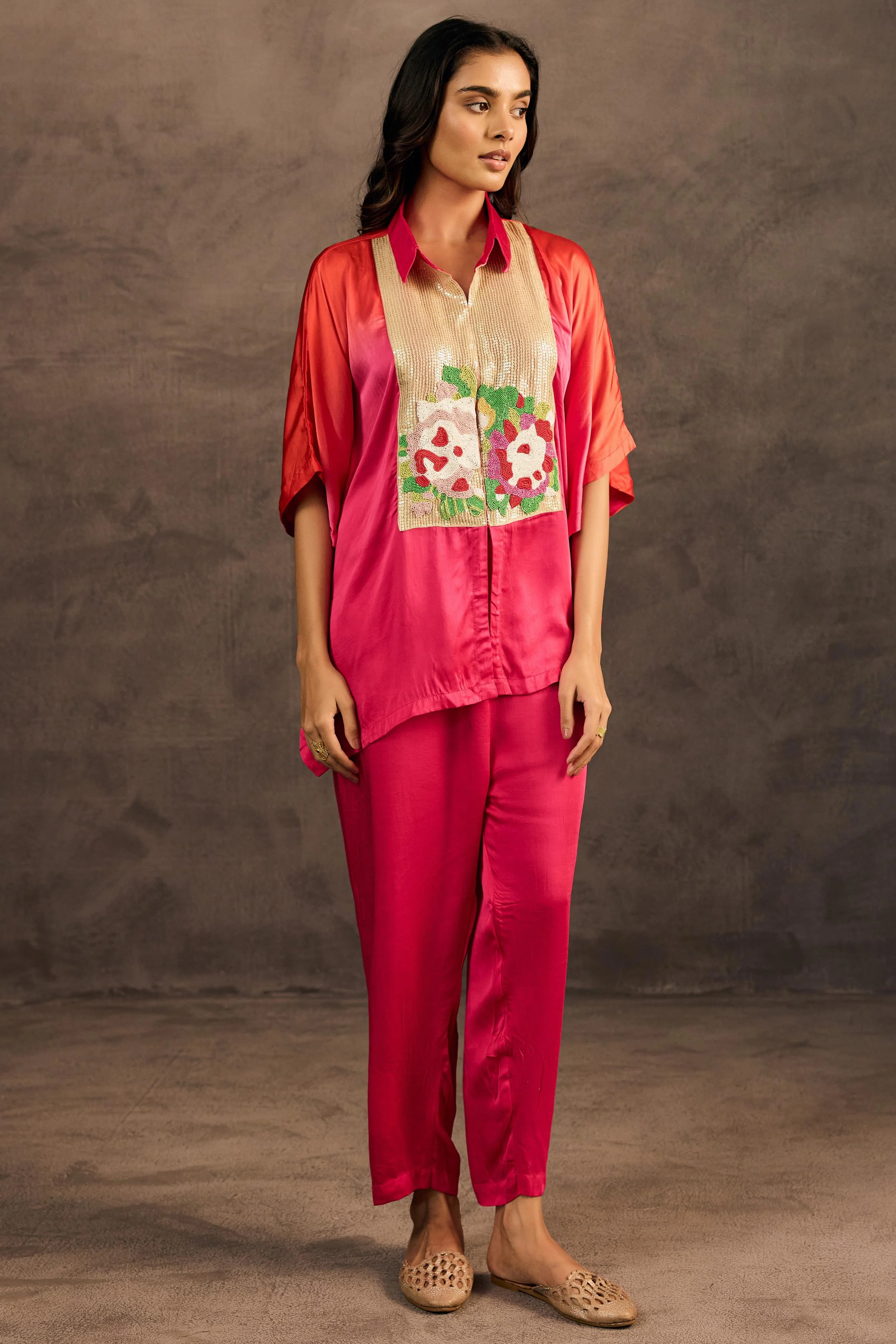 Rose Radiance Embellished Satin Silk Kaftan Set - Image 4