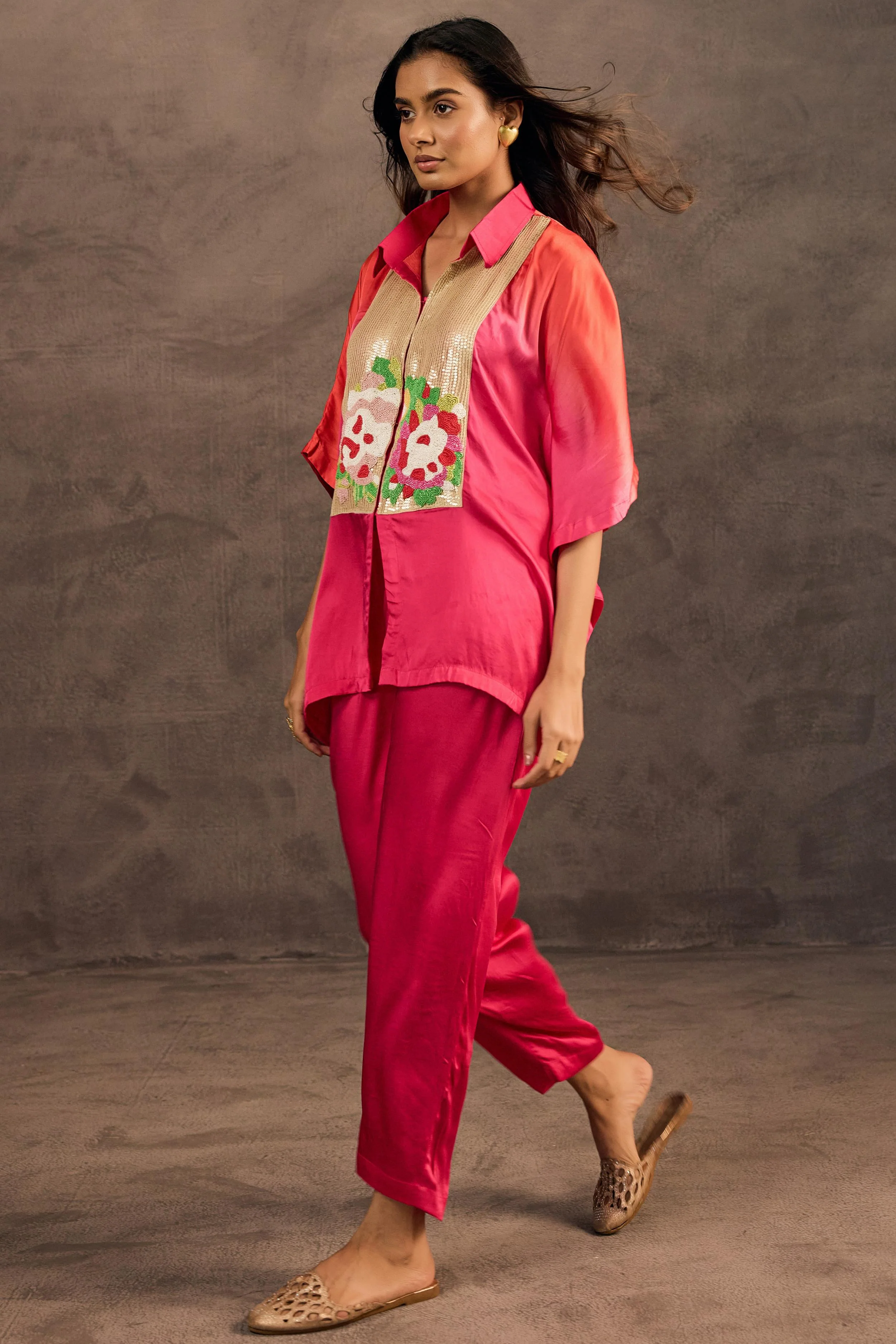 Rose Radiance Embellished Satin Silk Kaftan Set - Image 5