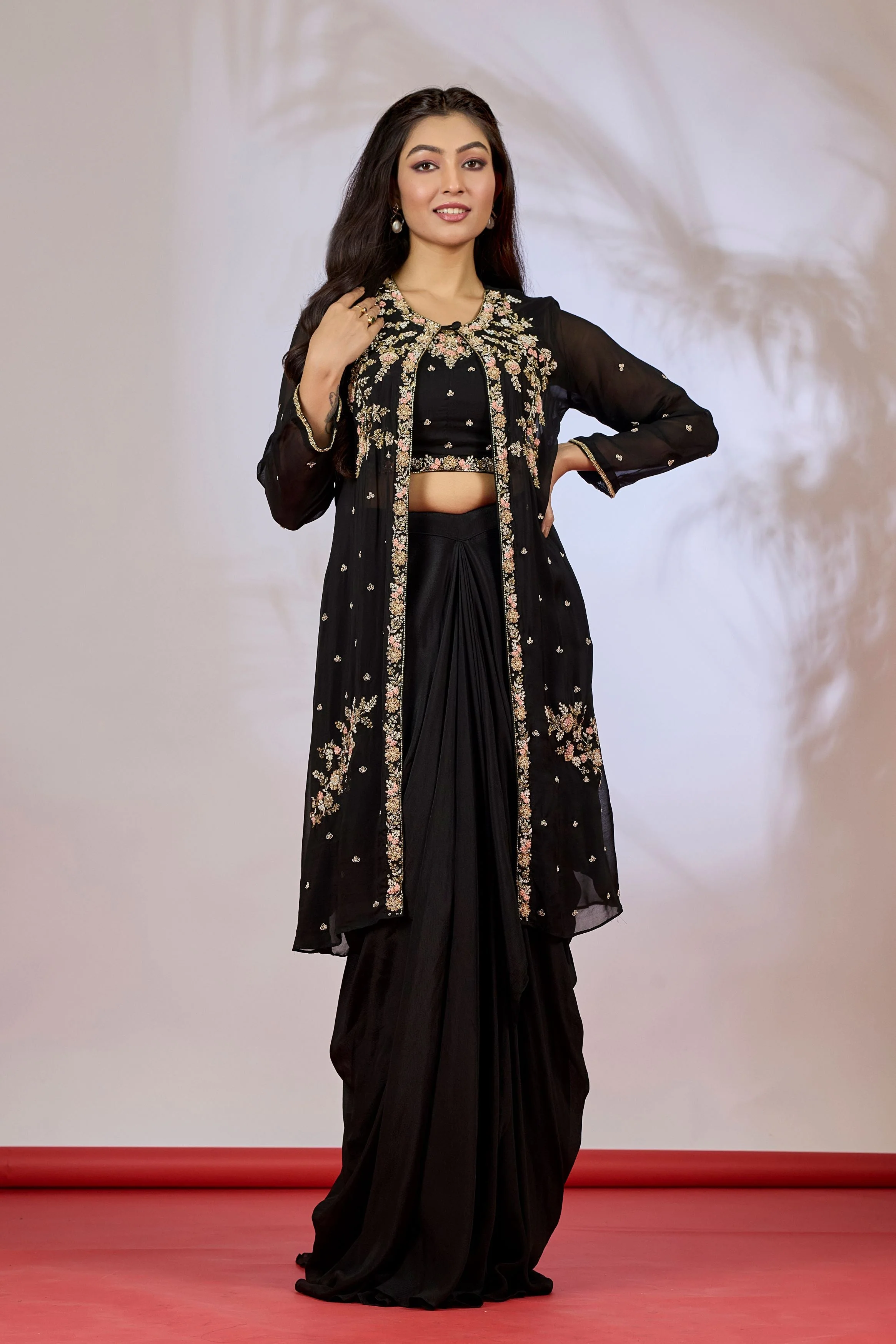 Black Embellished Chinon Silk Cape Set - Image 3
