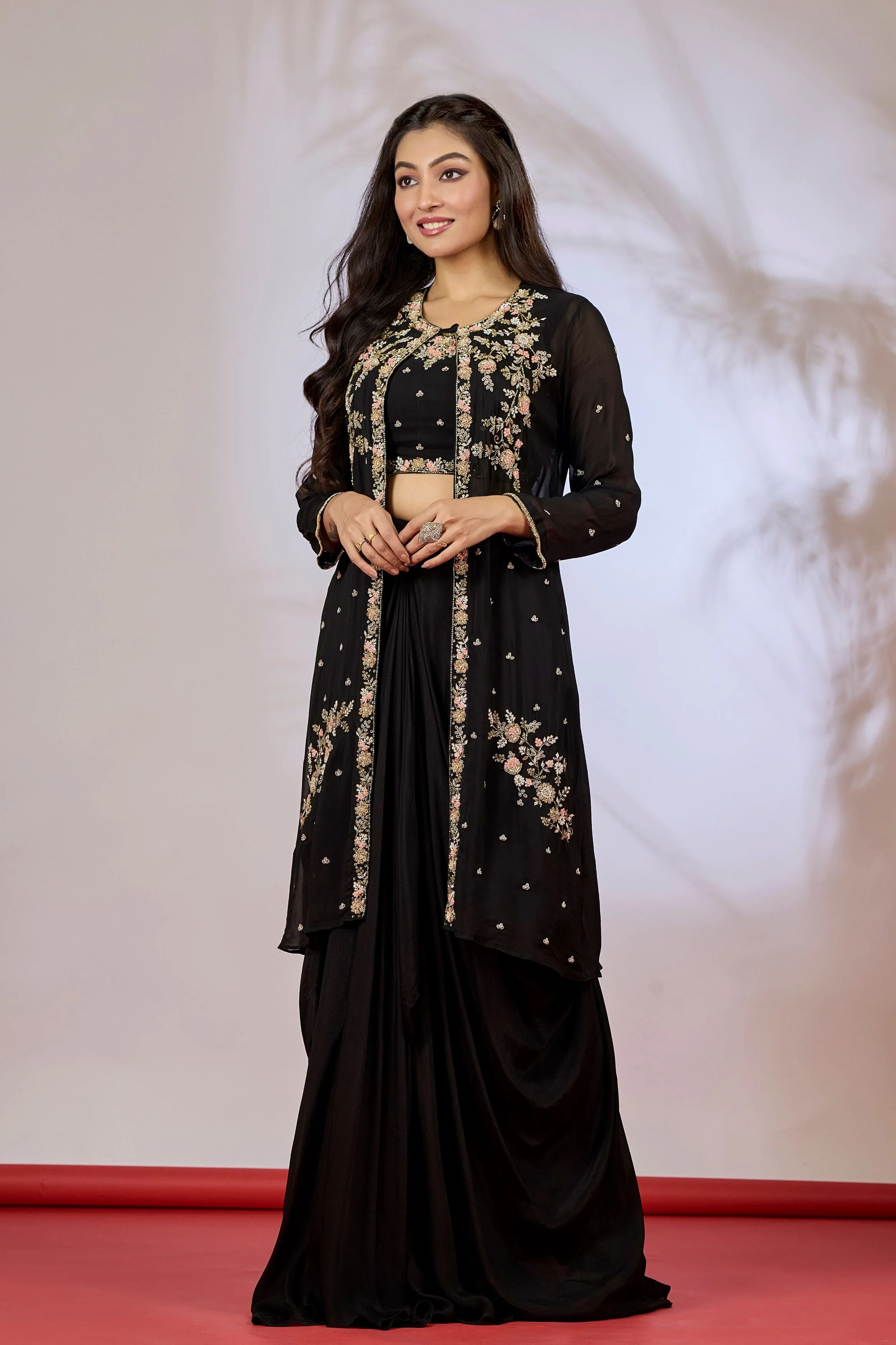 Black Embellished Chinon Silk Cape Set - Image 4