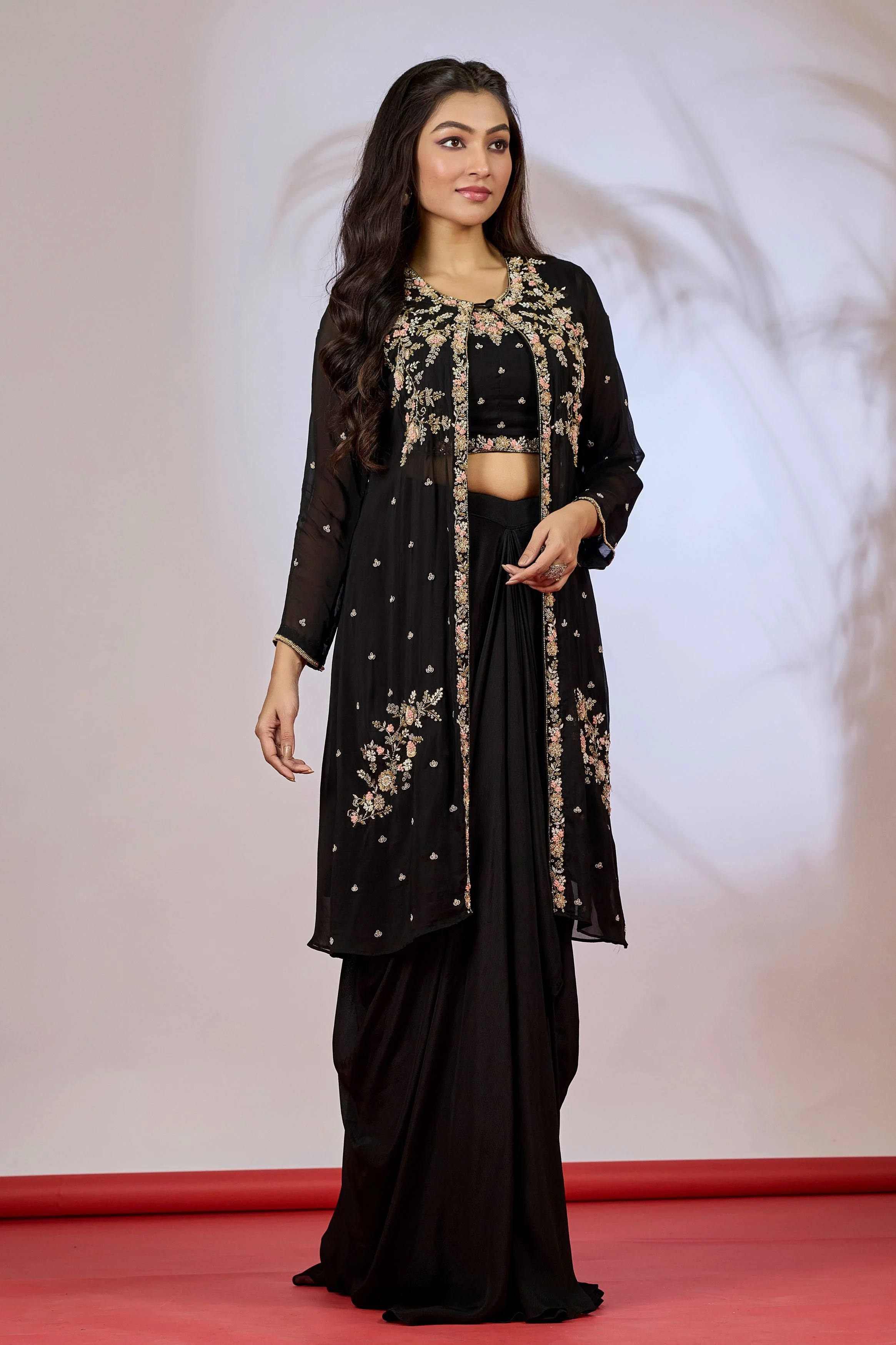 Black Embellished Chinon Silk Cape Set - Image 5